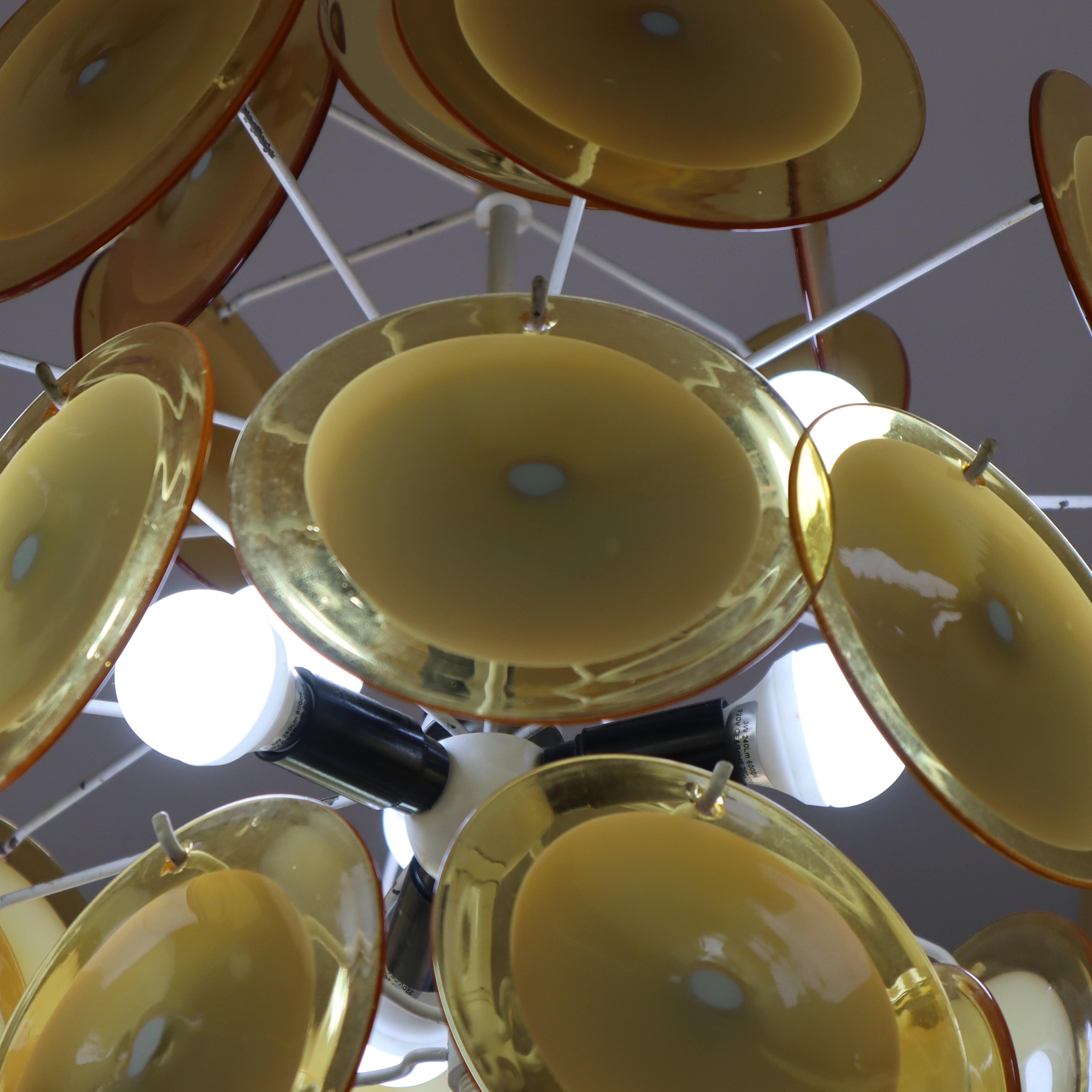 Mid-20th Century Mid-Century Modern Vistosi Style Yellow Glass Murano Disk Chandelier Italy 1960 For Sale