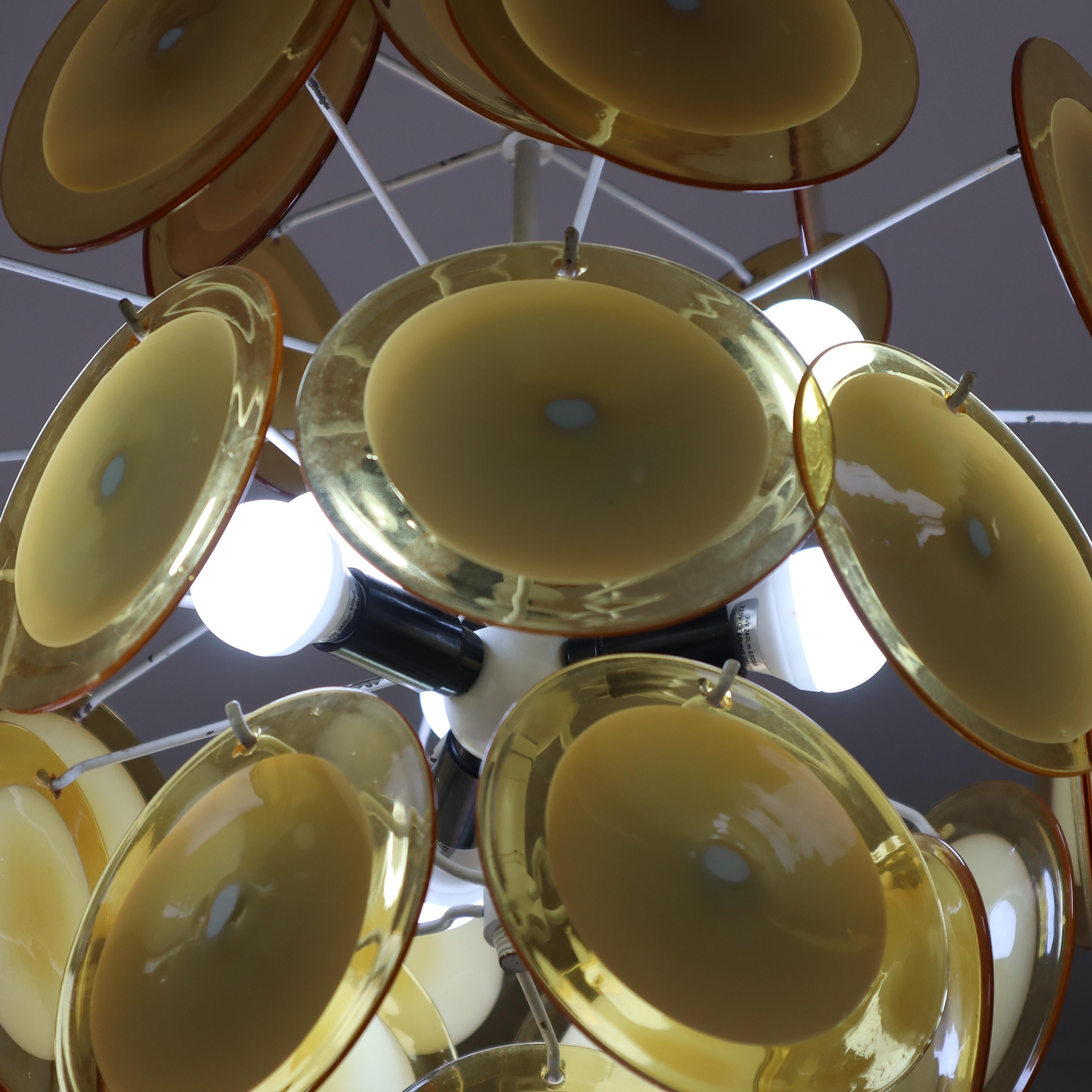 Steel Mid-Century Modern Vistosi Style Yellow Glass Murano Disk Chandelier Italy 1960 For Sale
