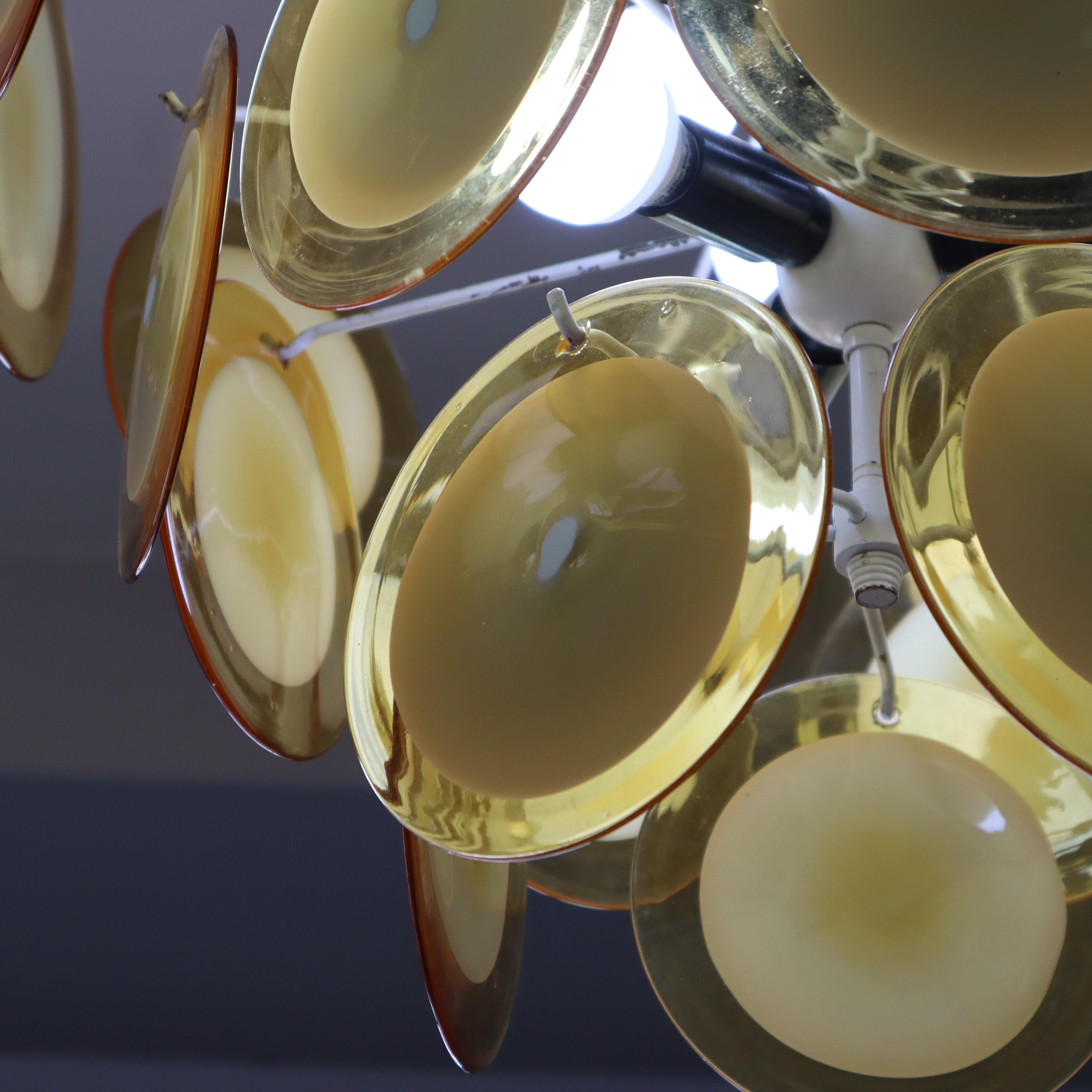 Mid-Century Modern Vistosi Style Yellow Glass Murano Disk Chandelier Italy 1960 For Sale 1