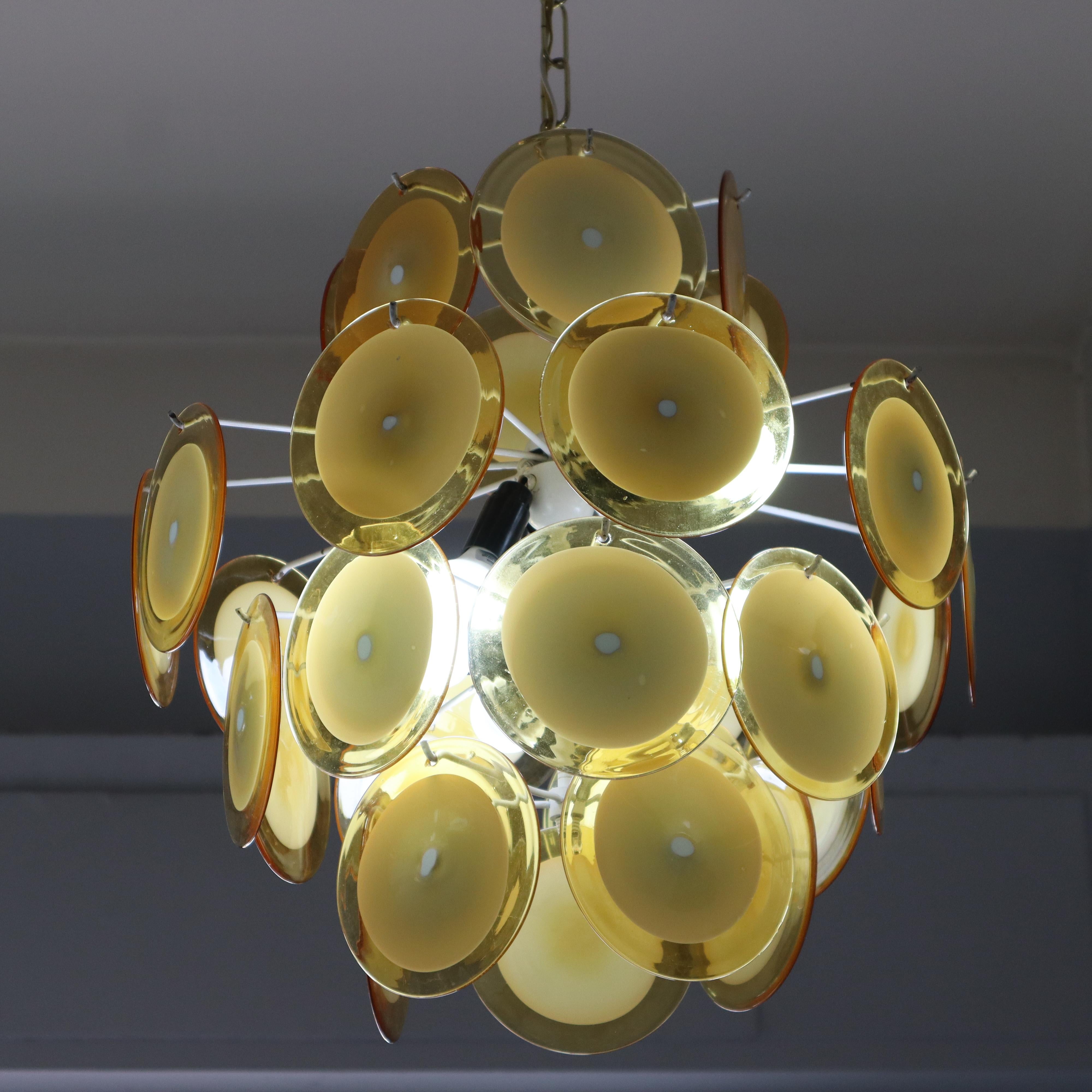Mid-Century Modern Vistosi Style Yellow Glass Murano Disk Chandelier Italy 1960 For Sale 2