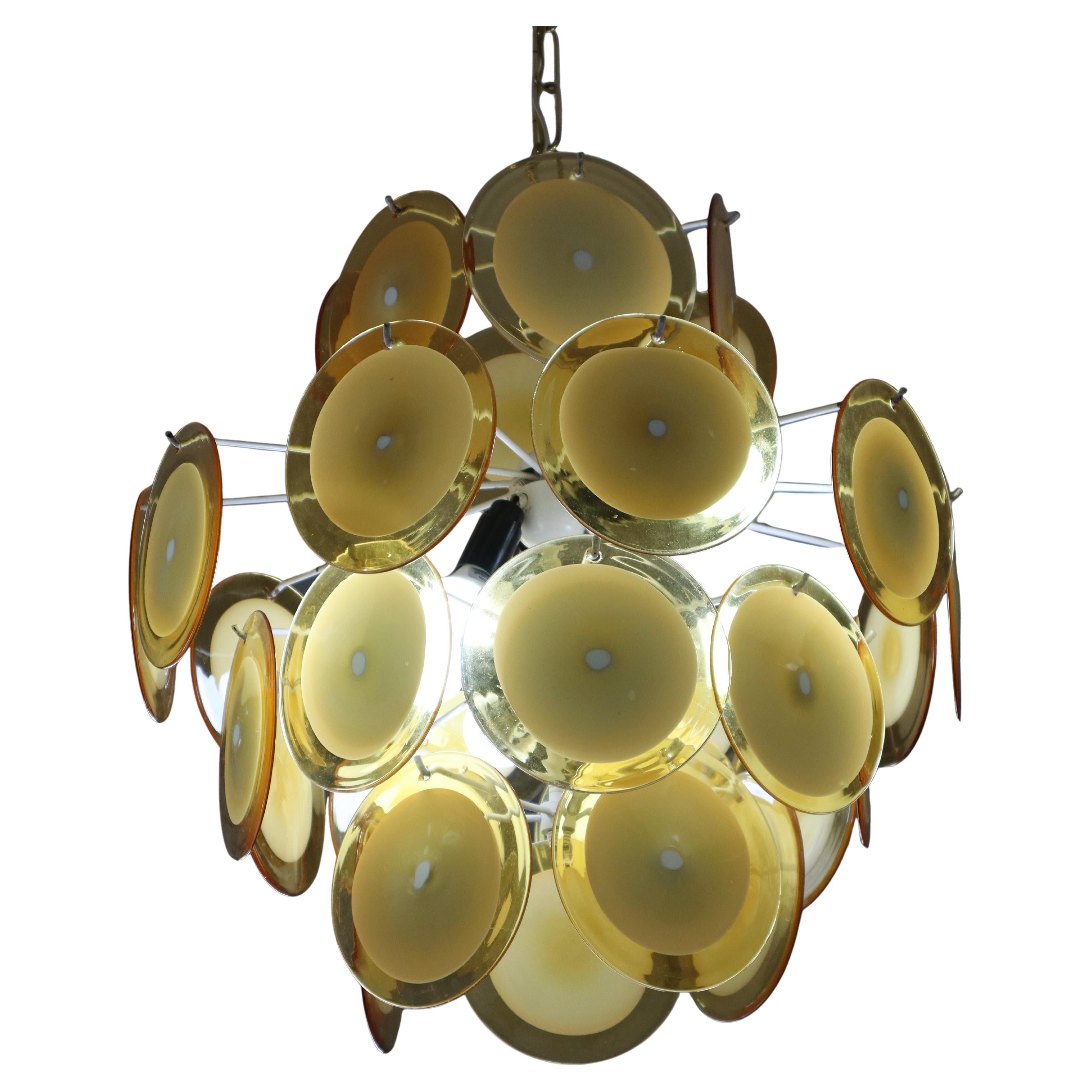 Mid-Century Modern Vistosi Style Yellow Glass Murano Disk Chandelier Italy 1960