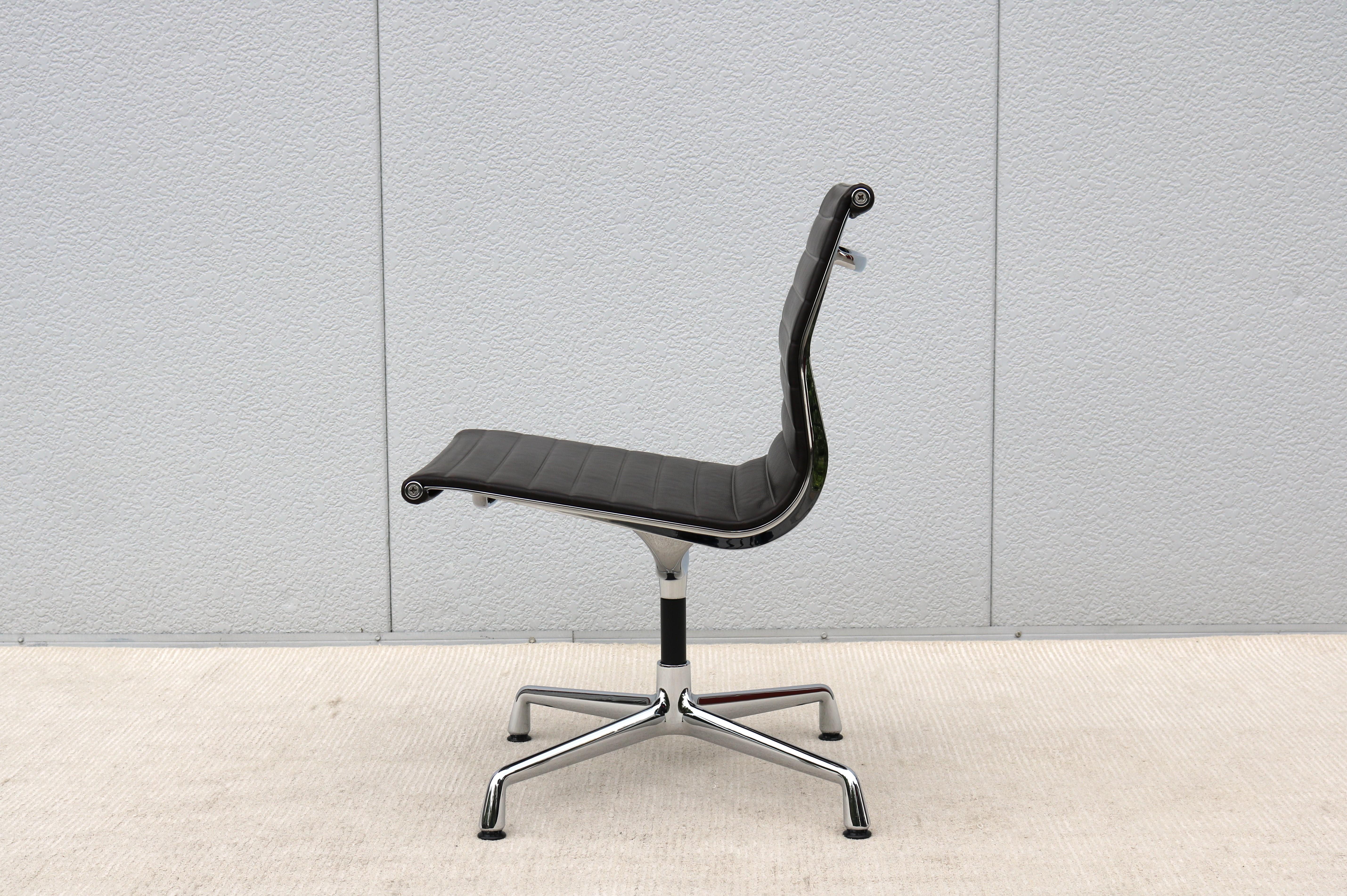 Mid-Century Modern Vitra Eames Aluminum Group Brown Leather Armless Side Chair 4