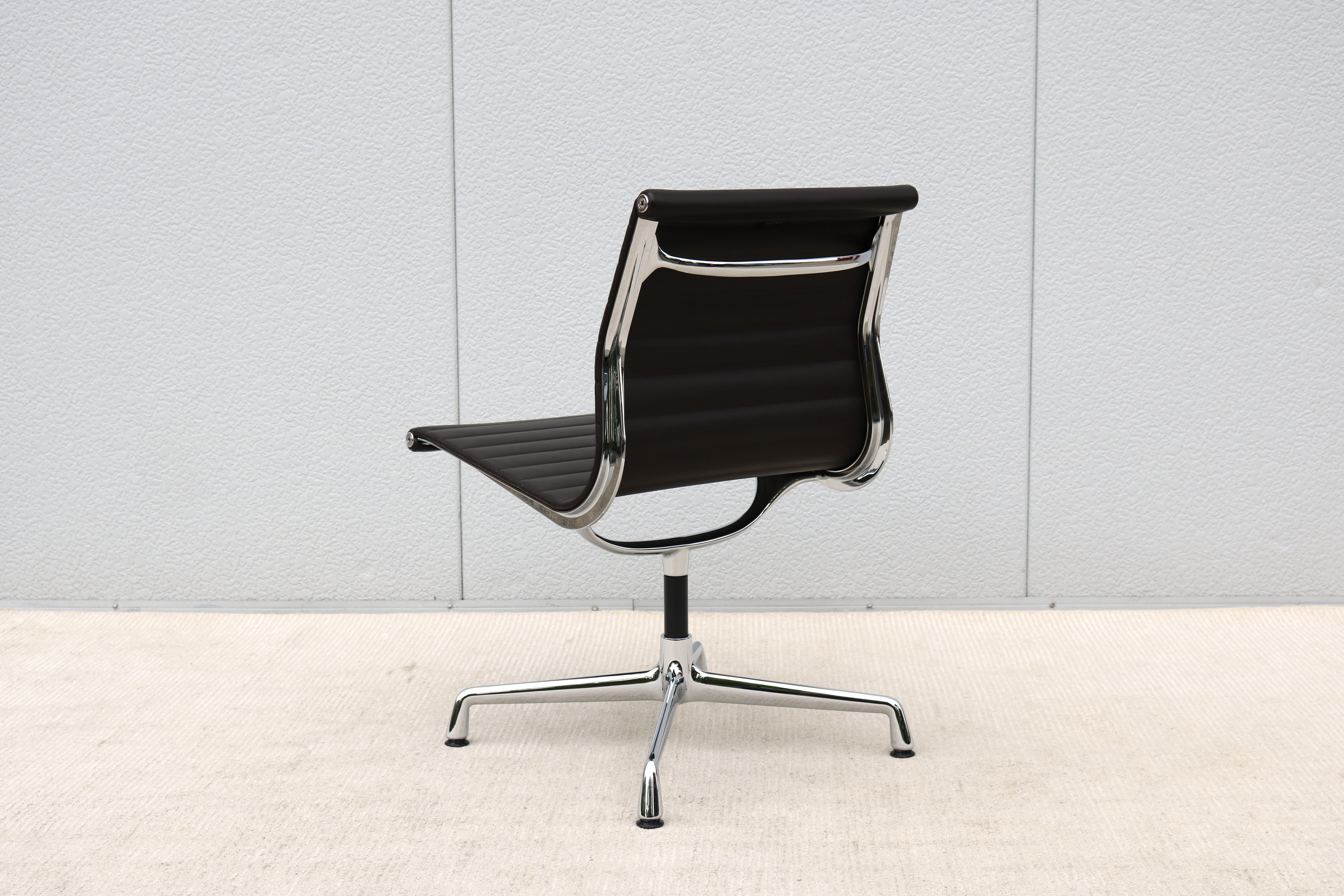 Mid-Century Modern Vitra Eames Aluminum Group Brown Leather Armless Side Chair 5