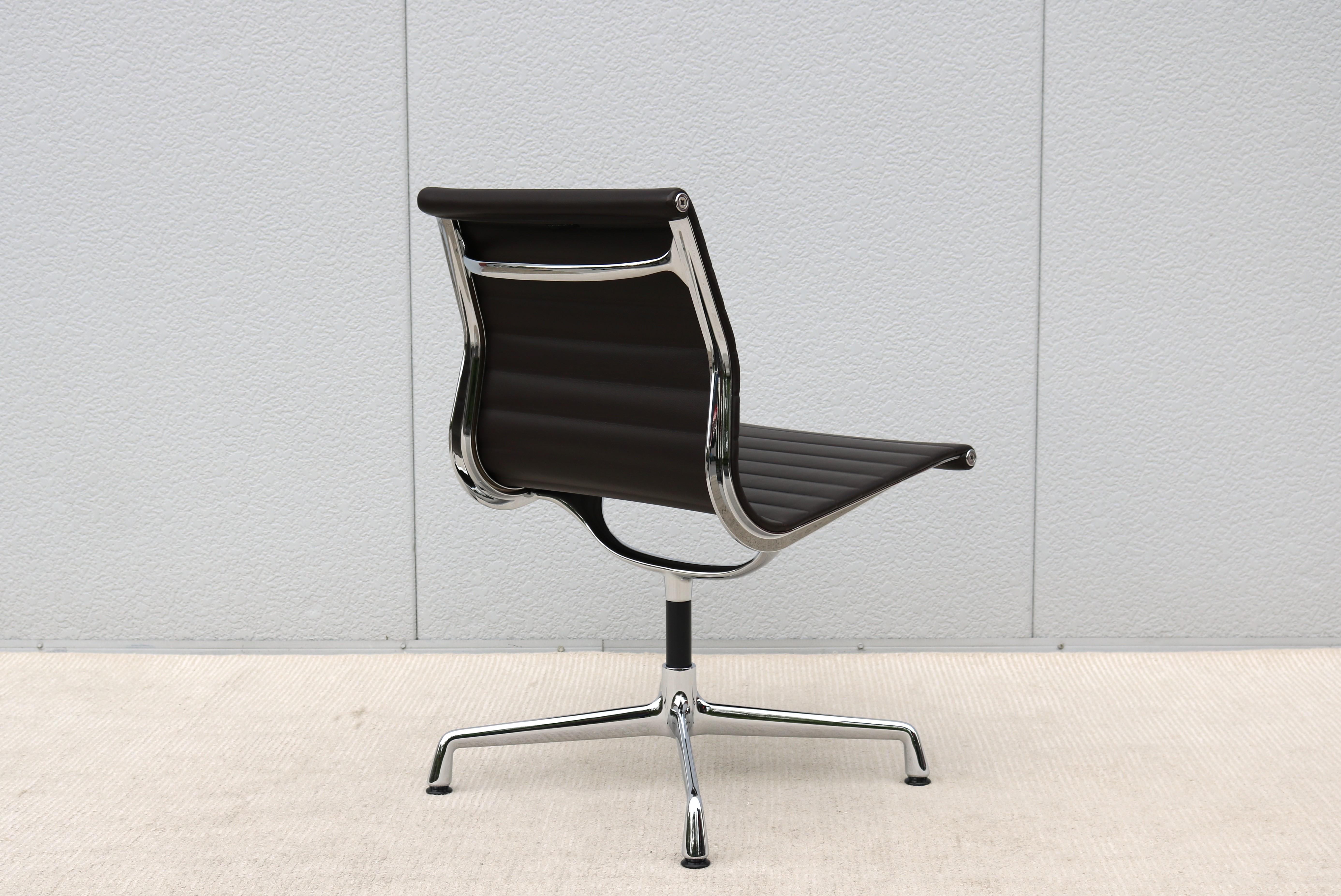 Mid-Century Modern Vitra Eames Aluminum Group Brown Leather Armless Side Chair 6