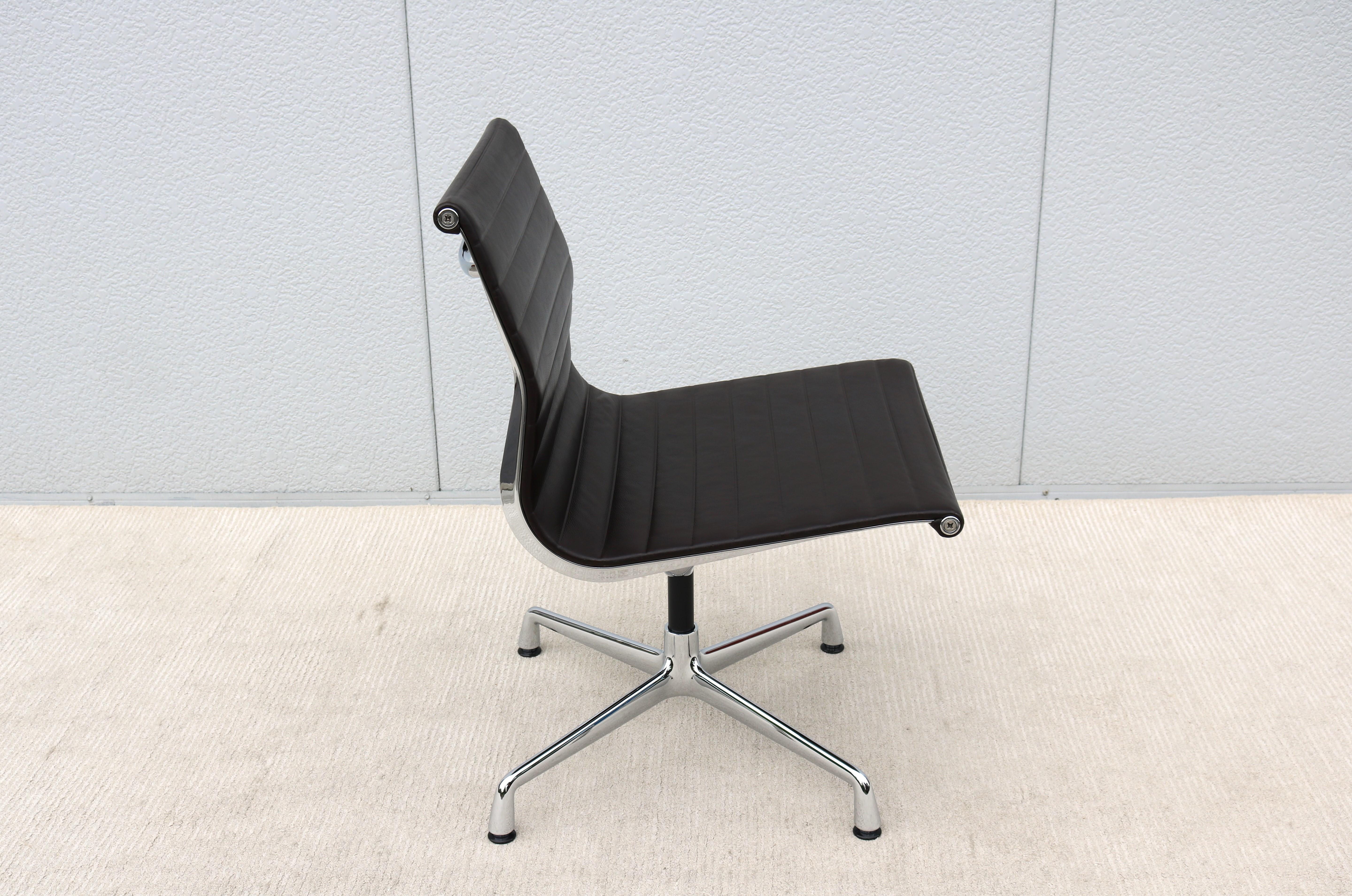 Mid-Century Modern Vitra Eames Aluminum Group Brown Leather Armless Side Chair 7
