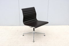Mid-Century Modern Vitra Eames Aluminum Group Brown Leather Armless Side Chair