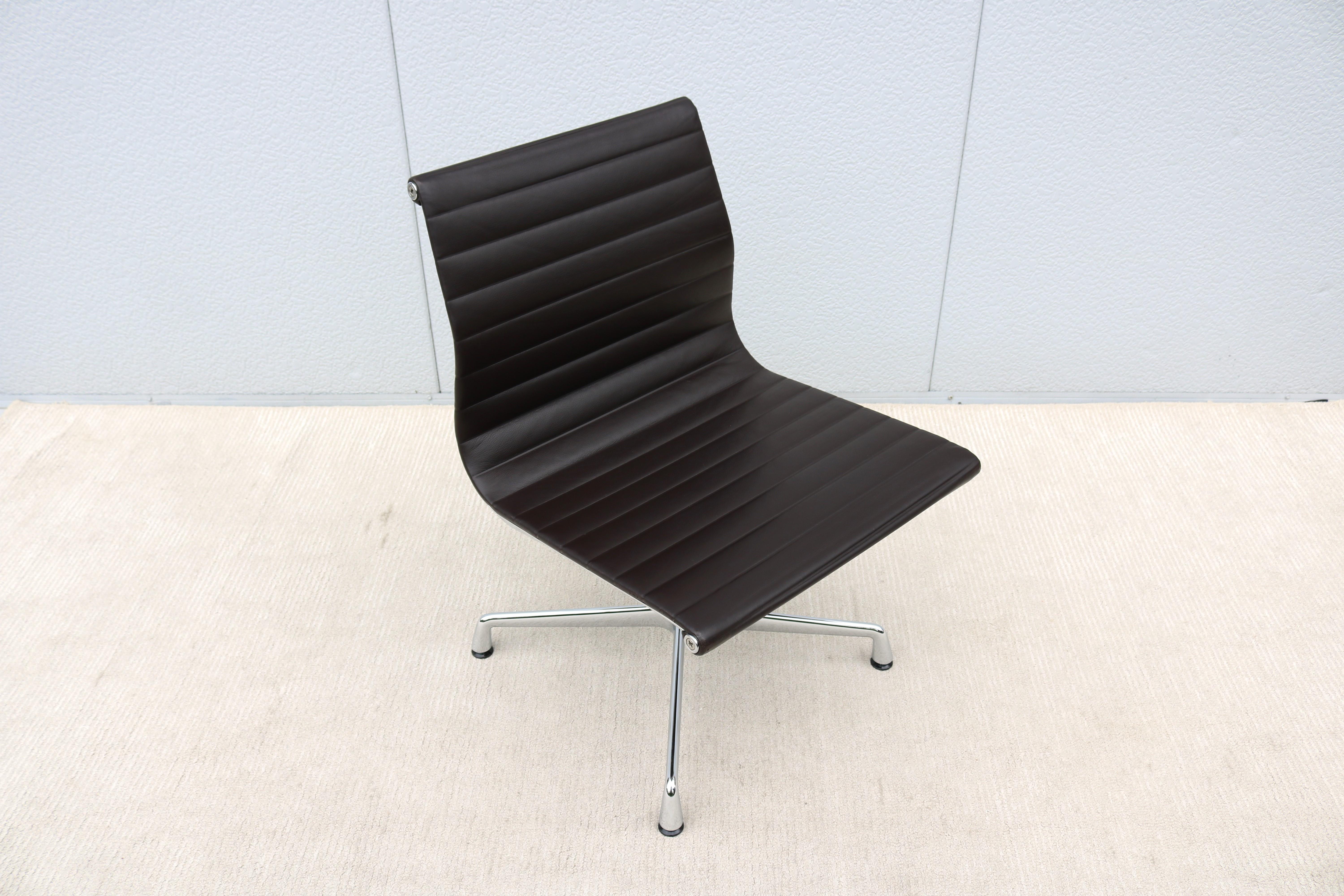 German Mid-Century Modern Vitra Eames Aluminum Group Brown Leather Armless Side Chair