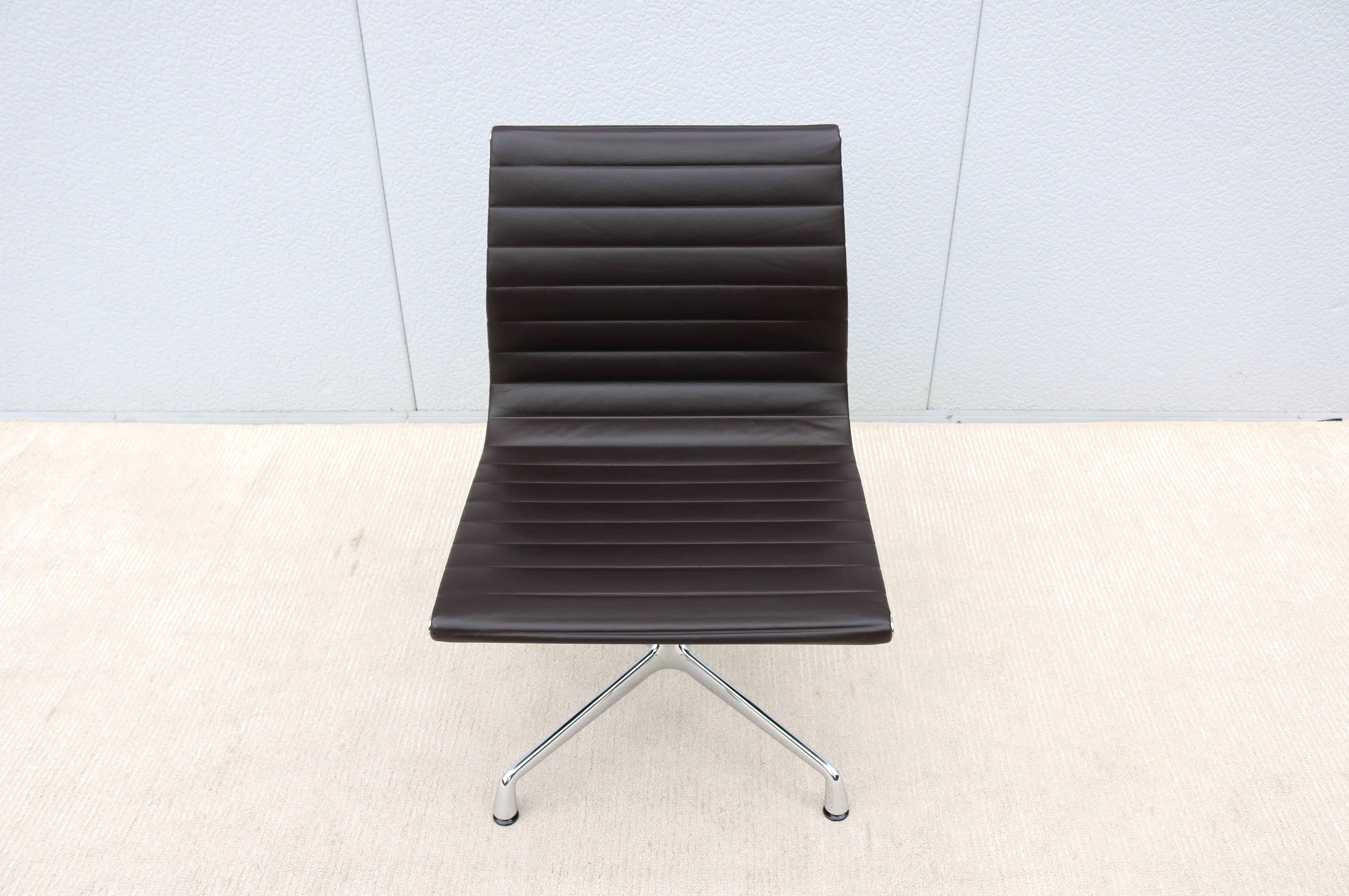 Polished Mid-Century Modern Vitra Eames Aluminum Group Brown Leather Armless Side Chair