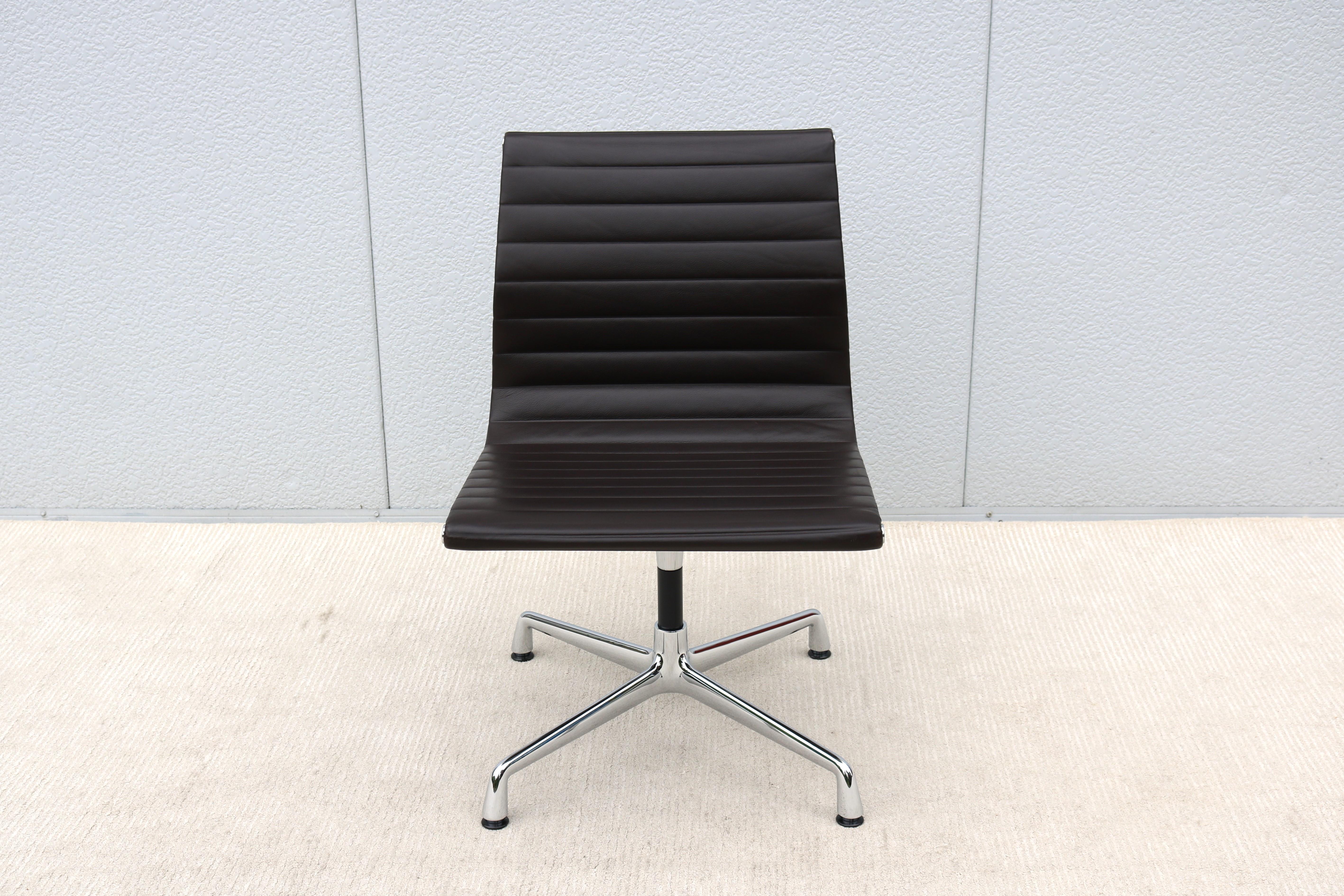 Mid-Century Modern Vitra Eames Aluminum Group Brown Leather Armless Side Chair In Good Condition In Secaucus, NJ