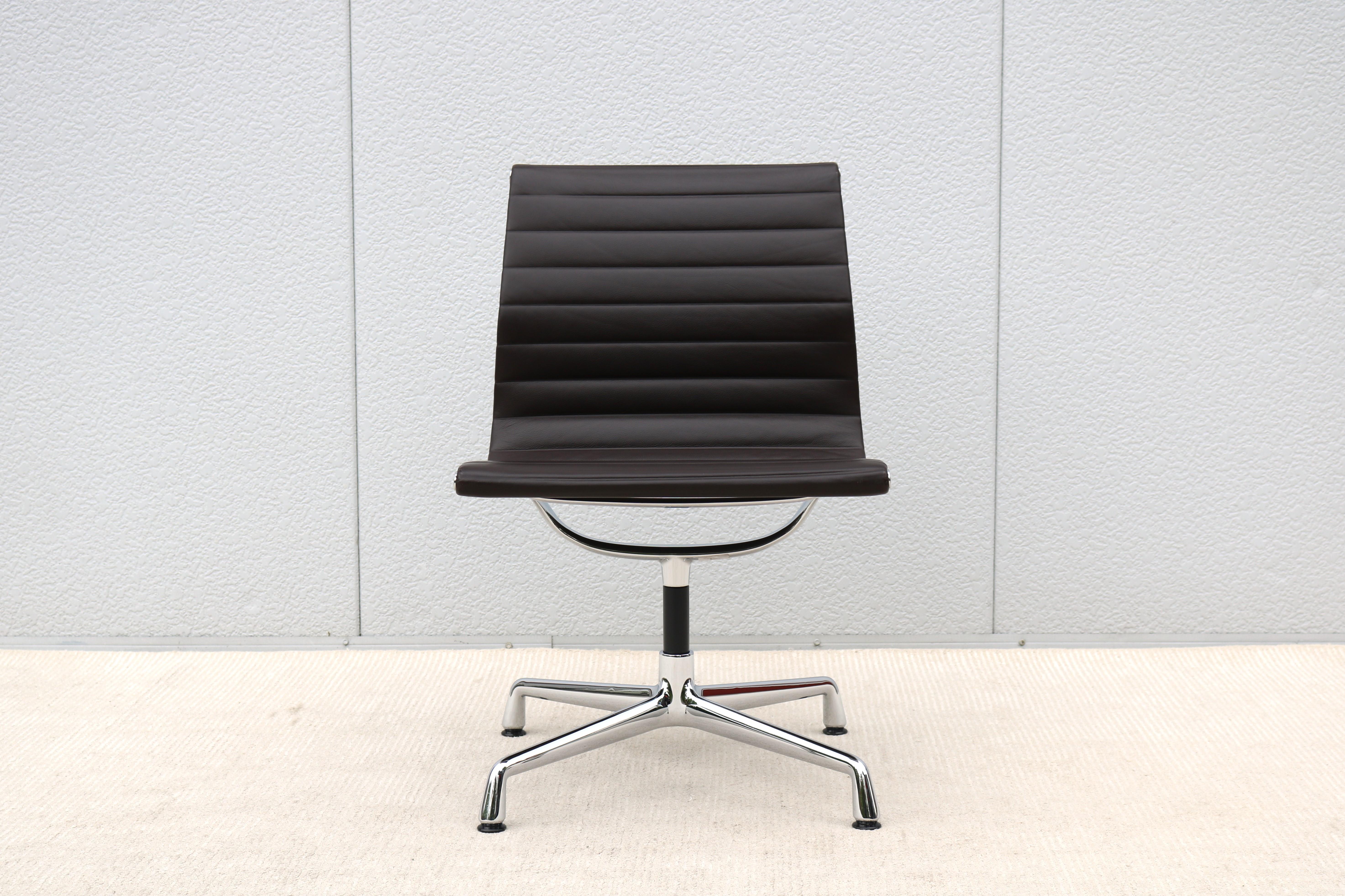 Contemporary Mid-Century Modern Vitra Eames Aluminum Group Brown Leather Armless Side Chair