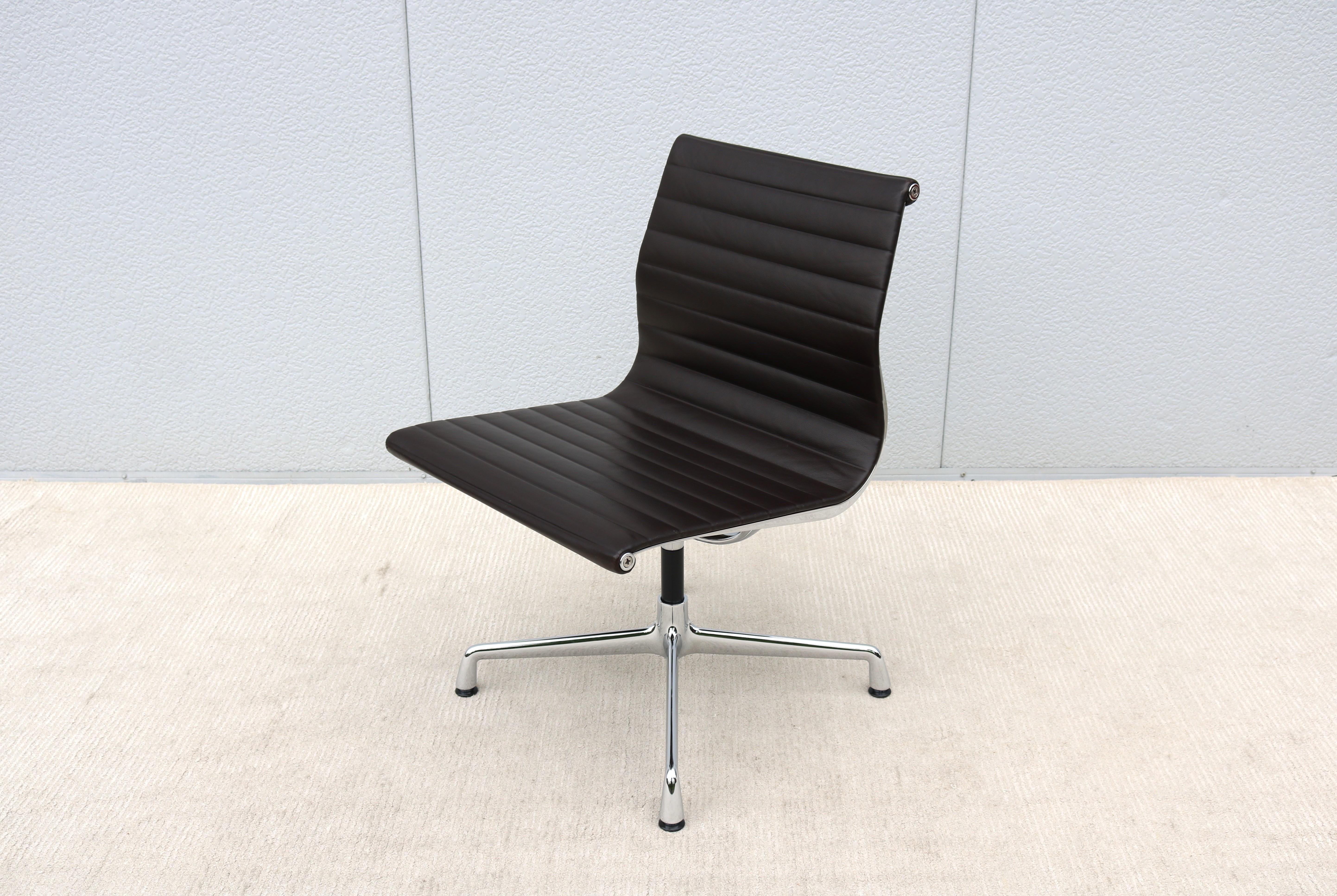 Mid-Century Modern Vitra Eames Aluminum Group Brown Leather Armless Side Chair 1
