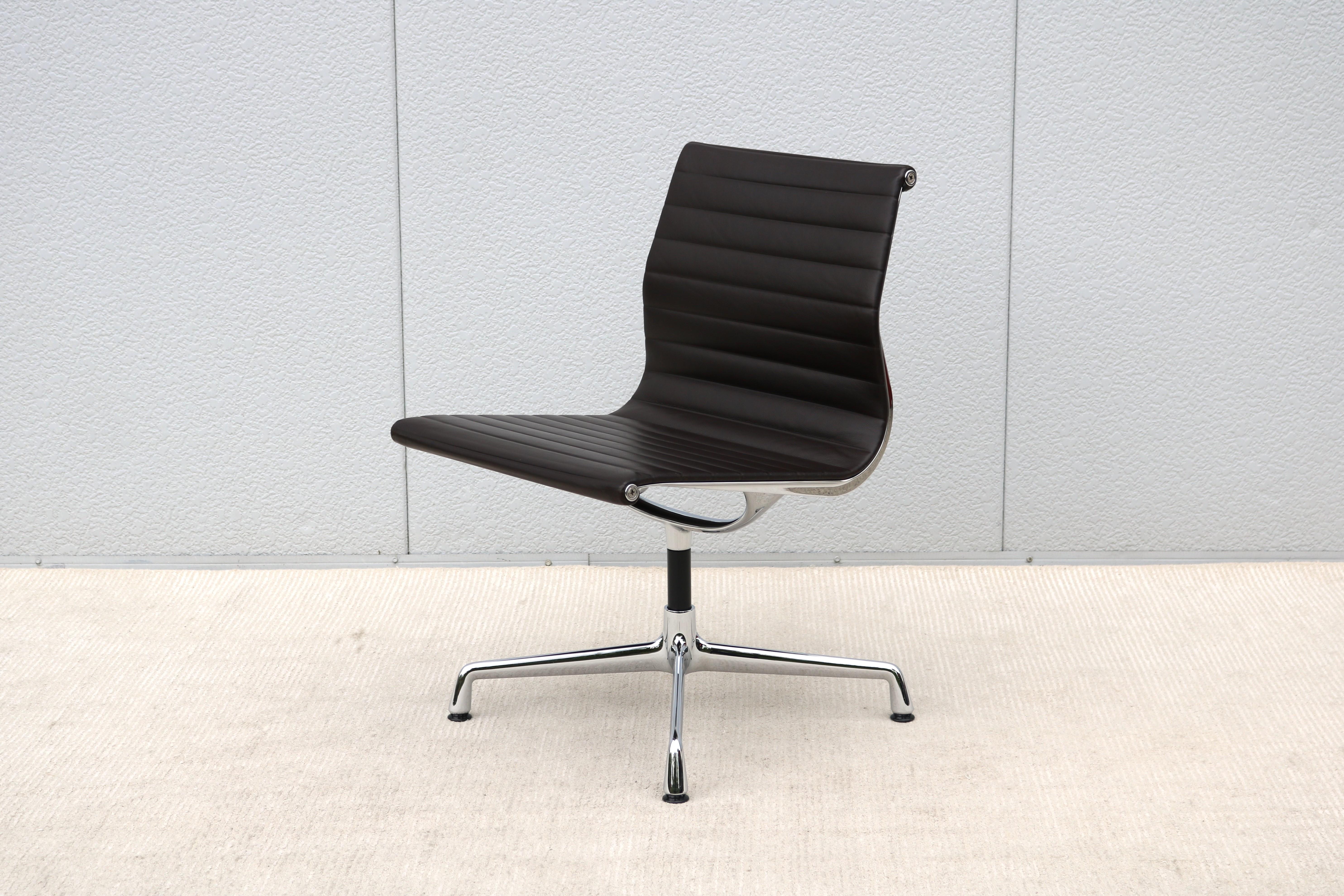 Mid-Century Modern Vitra Eames Aluminum Group Brown Leather Armless Side Chair 2
