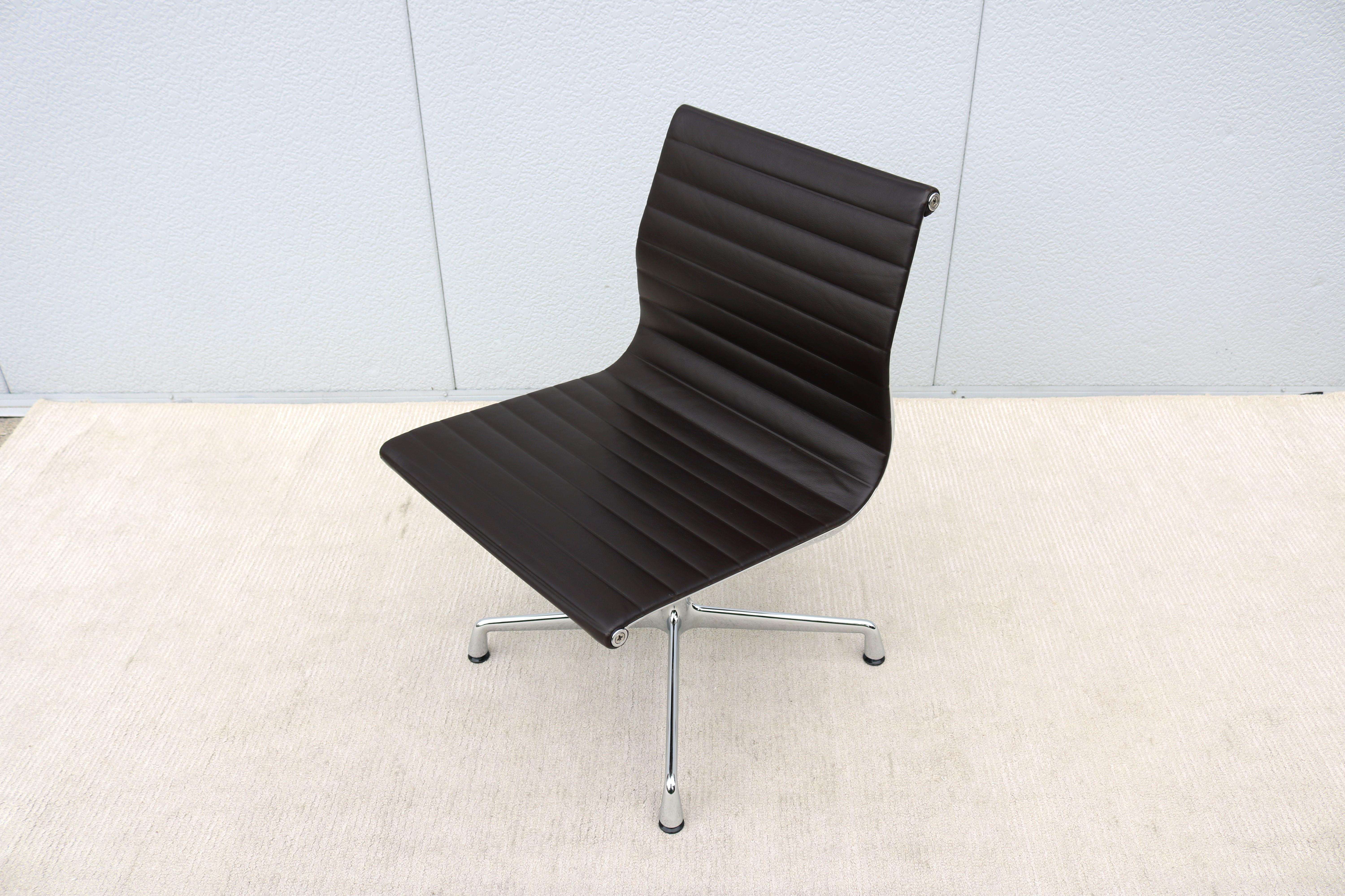 Mid-Century Modern Vitra Eames Aluminum Group Brown Leather Armless Side Chair 3