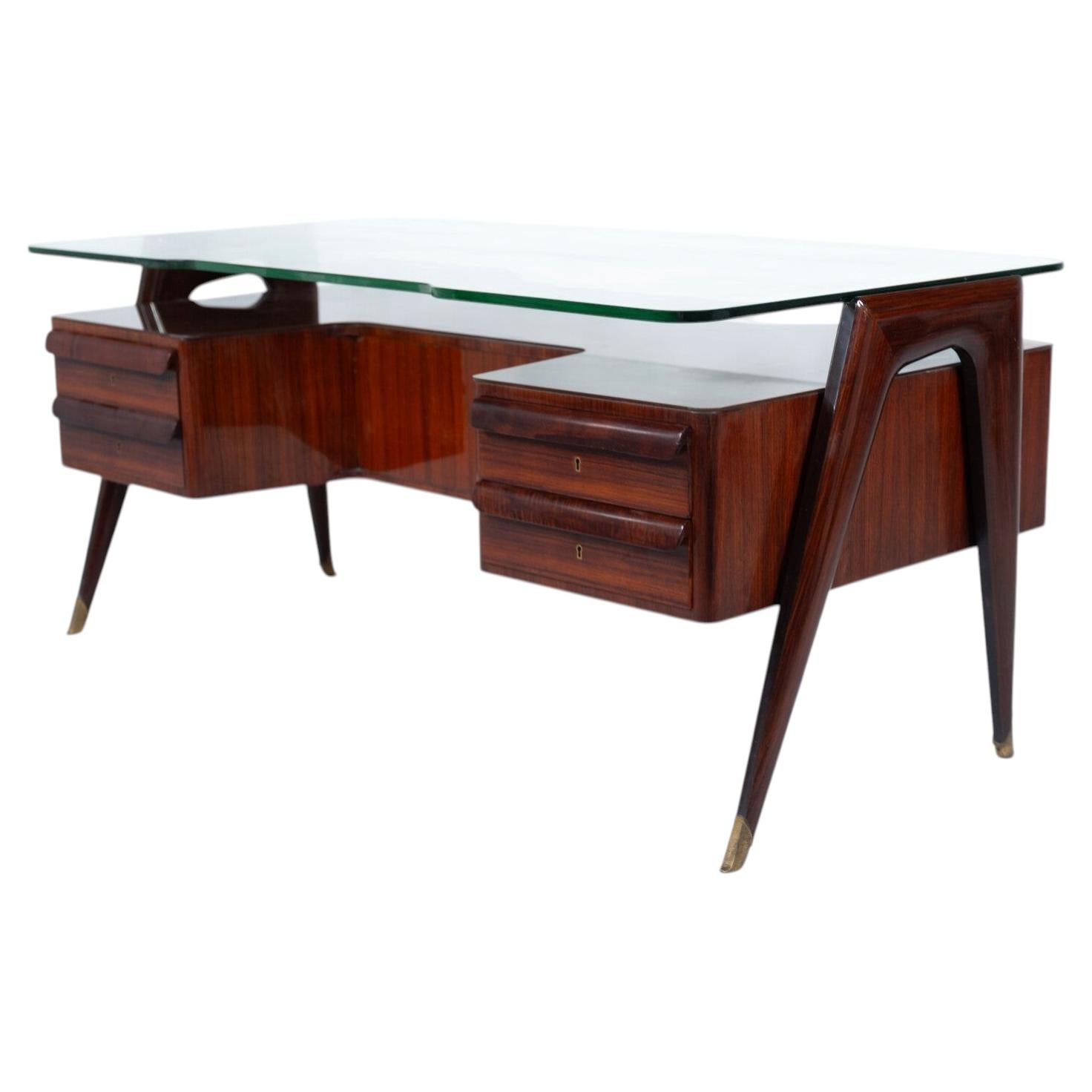 Bureau « Mid-Century Modern » de Vittorio Dassi, en bois et verre, années 1950