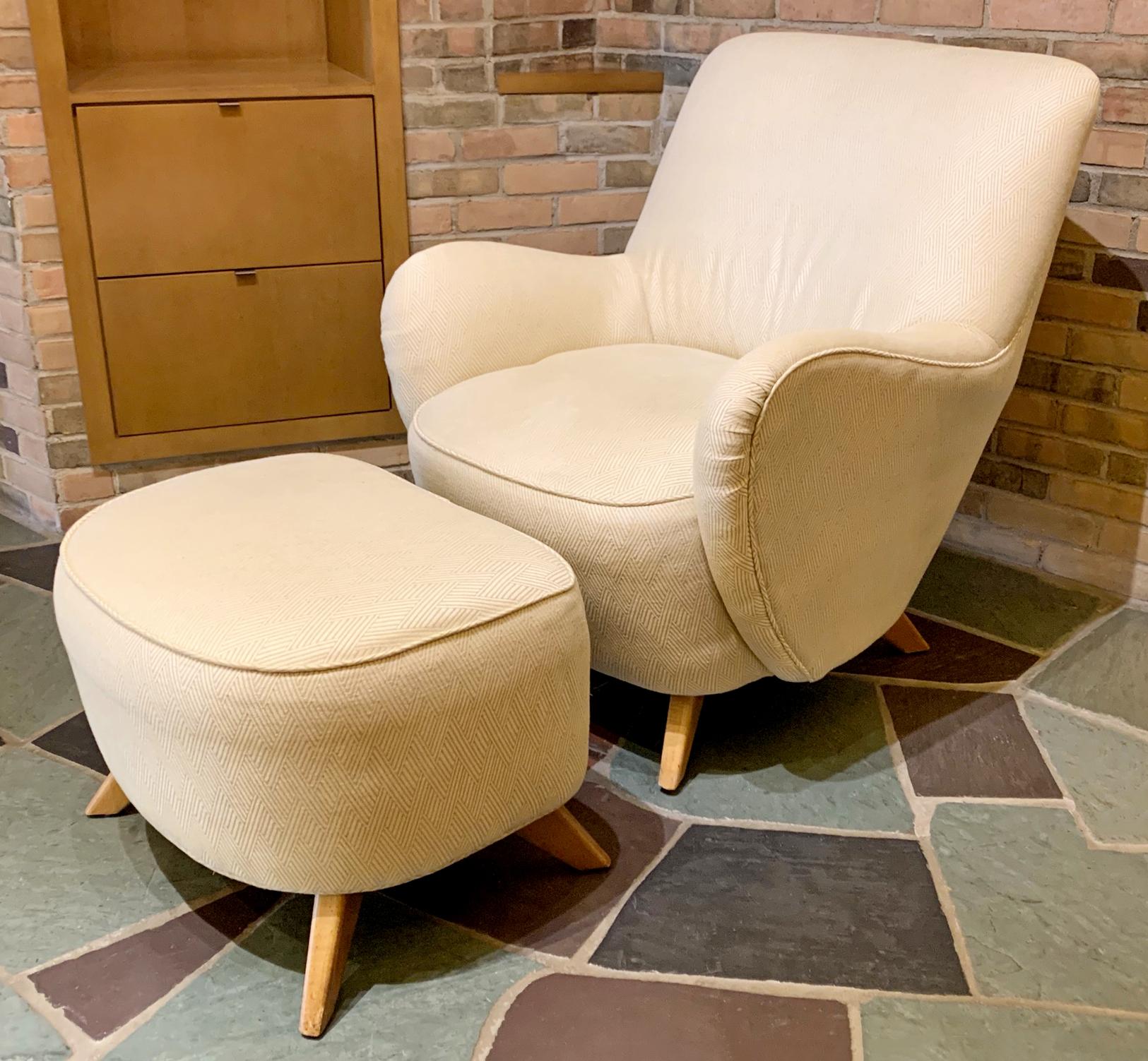 For your consideration is an excellent, high back, barrel chair with matching ottoman, #100B by Vladimir Kagan, circa 1970s. In excellent vintage condition, with a professional reupholstery in the last ten years. Dimensions: Chair - 32 W x 40