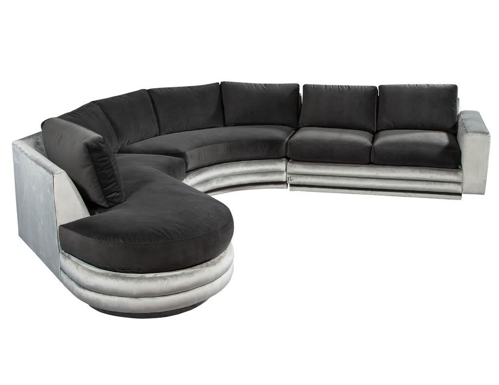 Vintage midcentury sectional. Sleek, modern Classic, recently reupholstered in a designer two-tone velvet.

Overall dimensions W 156”, D 125.5”, pillow H 32”, frame H 29”
End piece W 61.5”, D 37.5”
Center piece W 86”, D 34”
Chaise piece W 85”, D
