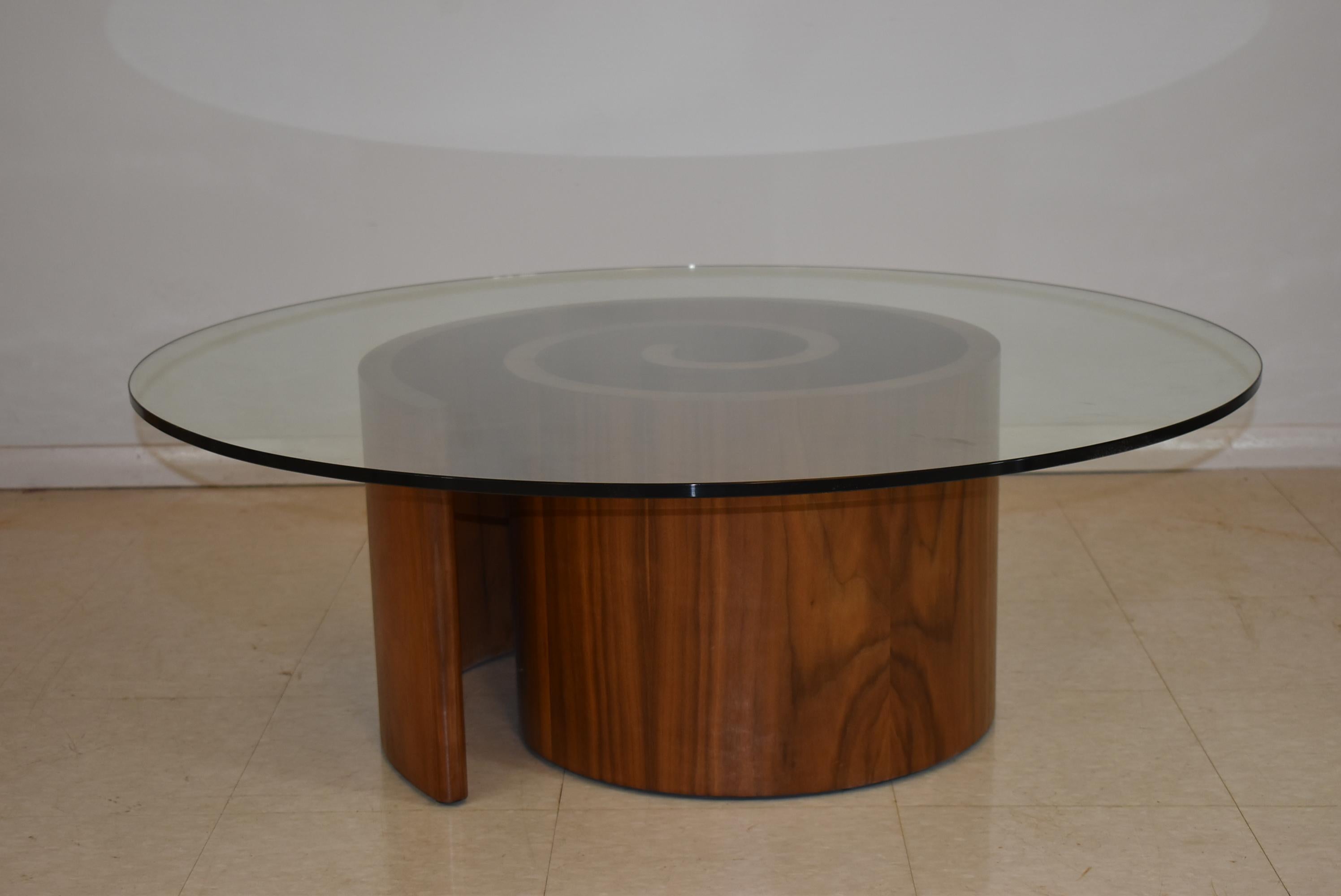 Mid-Century Modern Vladimir Kagan walnut snail coffee table. Measures: 42