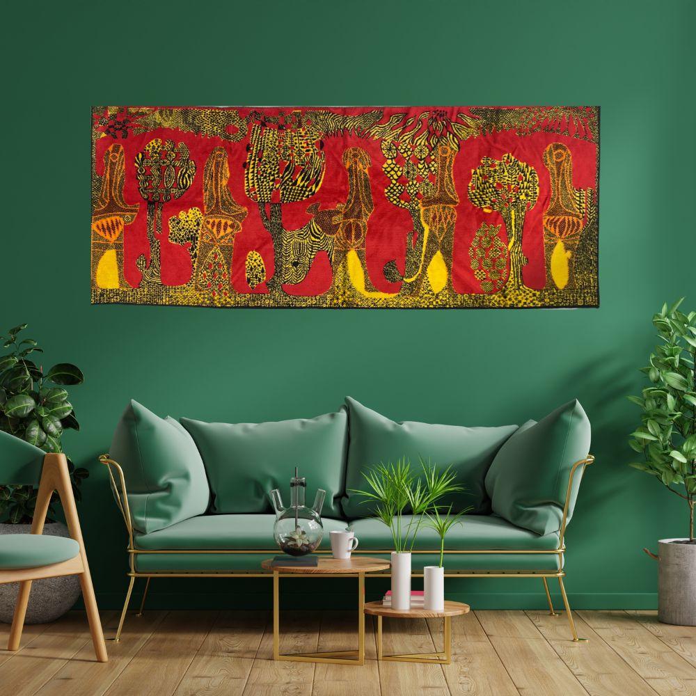 Immerse your space in the timeless allure of mid-century modern design with this captivating wall tapestry, resplendent in vibrant red, black, and yellow hues. This abstract tapestry wall art promises to infuse any room with its striking visual
