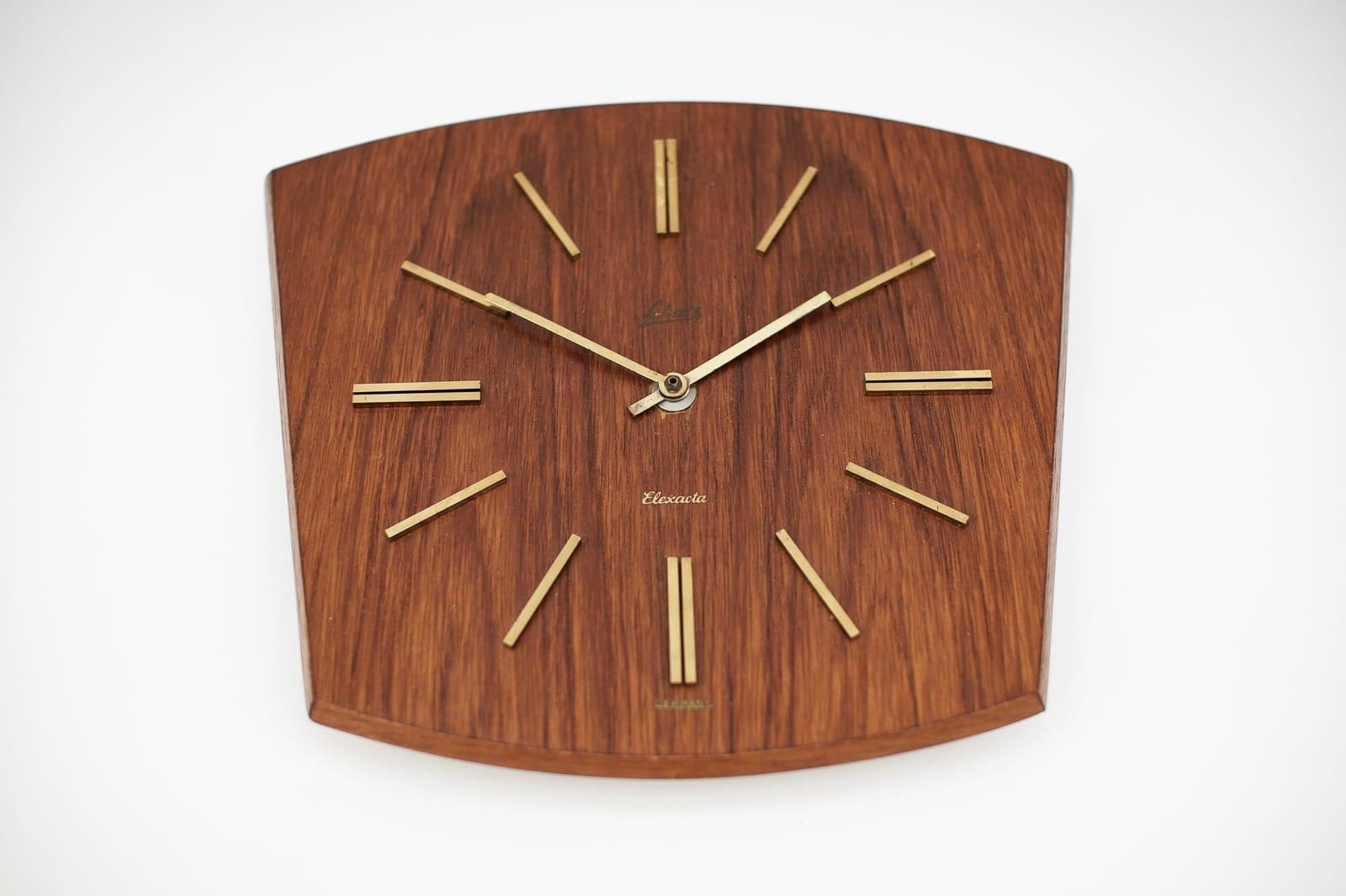 Mid-Century Modern Wall Clock by Elexacta Schatz, Teak and Brass 1960s Germany 1