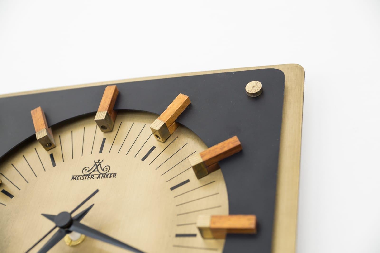 Mid-20th Century Mid-Century Modern Wall Clock by Meister Anker in Brass & Wood, 1960s, Germany