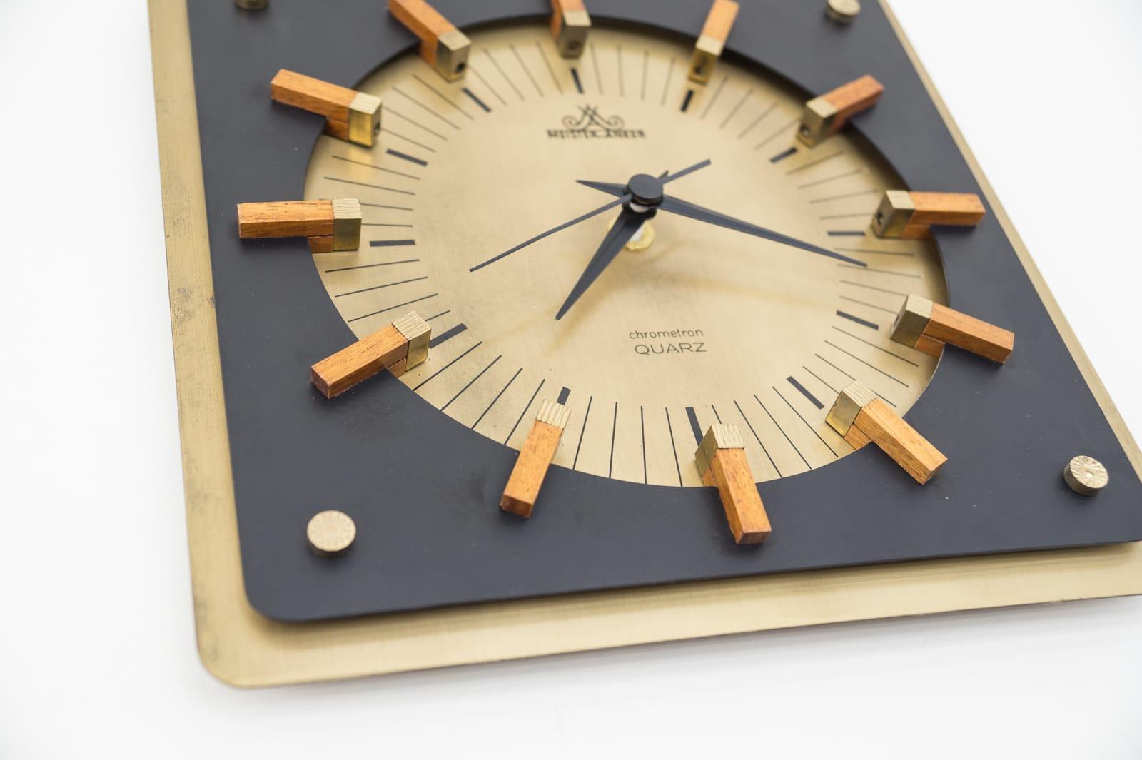 Metal Mid-Century Modern Wall Clock by Meister Anker in Brass & Wood, 1960s, Germany