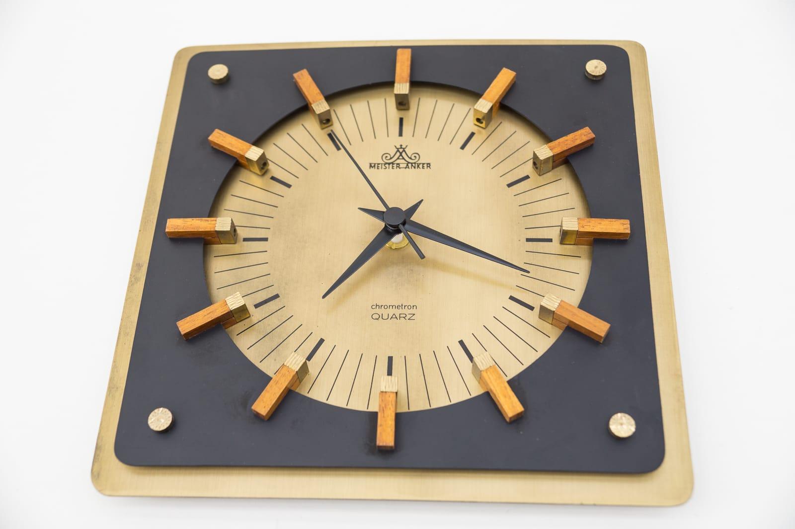 Mid-Century Modern Wall Clock by Meister Anker in Brass & Wood, 1960s, Germany 2