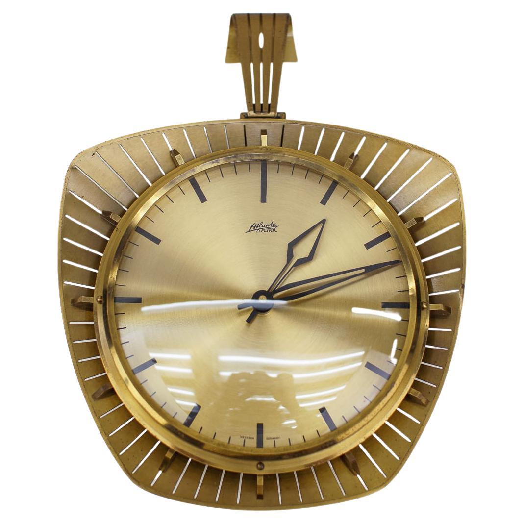 MidCentury Modern Sunburst Wall Clock in Brass by Dugena, 1960s