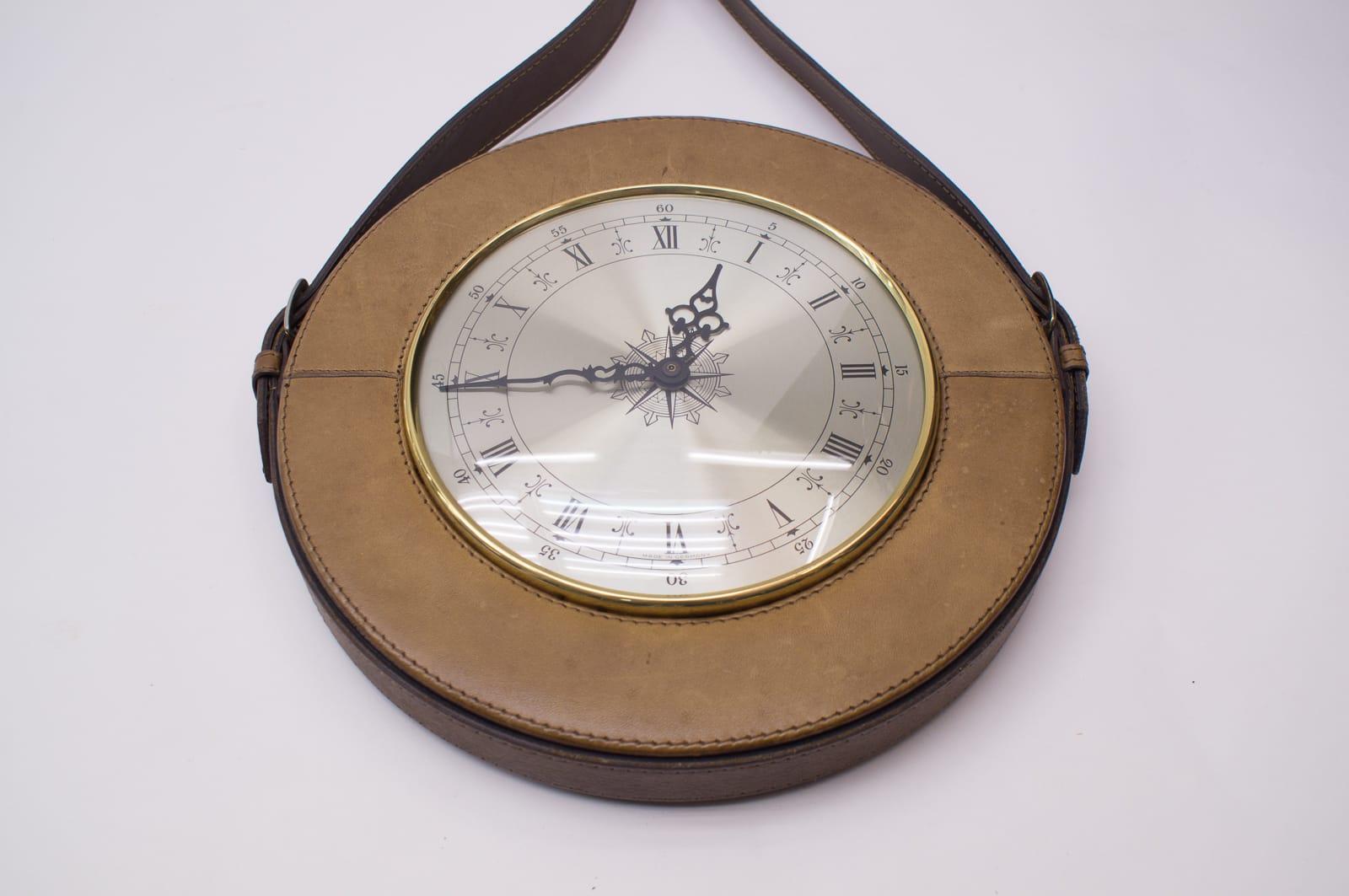 Mid-Century Modern Wall Clock in Leather and Brass, Germany 1