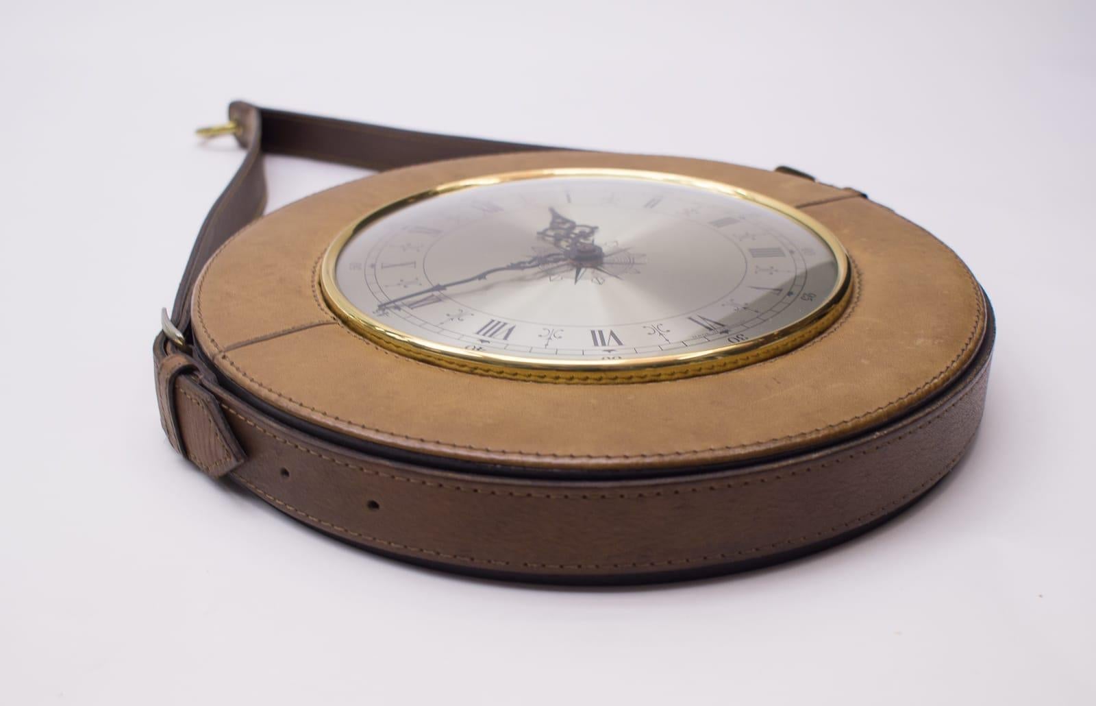 Mid-Century Modern Wall Clock in Leather and Brass, Germany 2