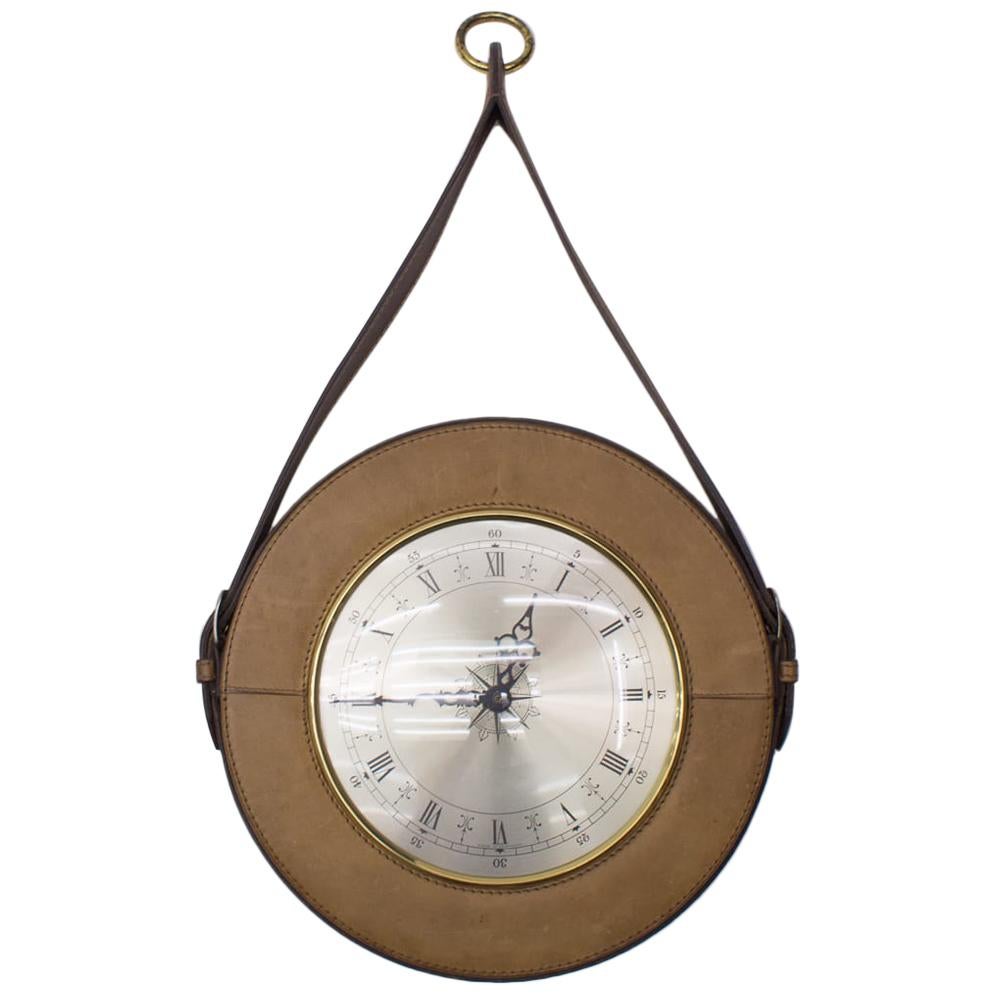 Mid-Century Modern Wall Clock in Leather and Brass, Germany