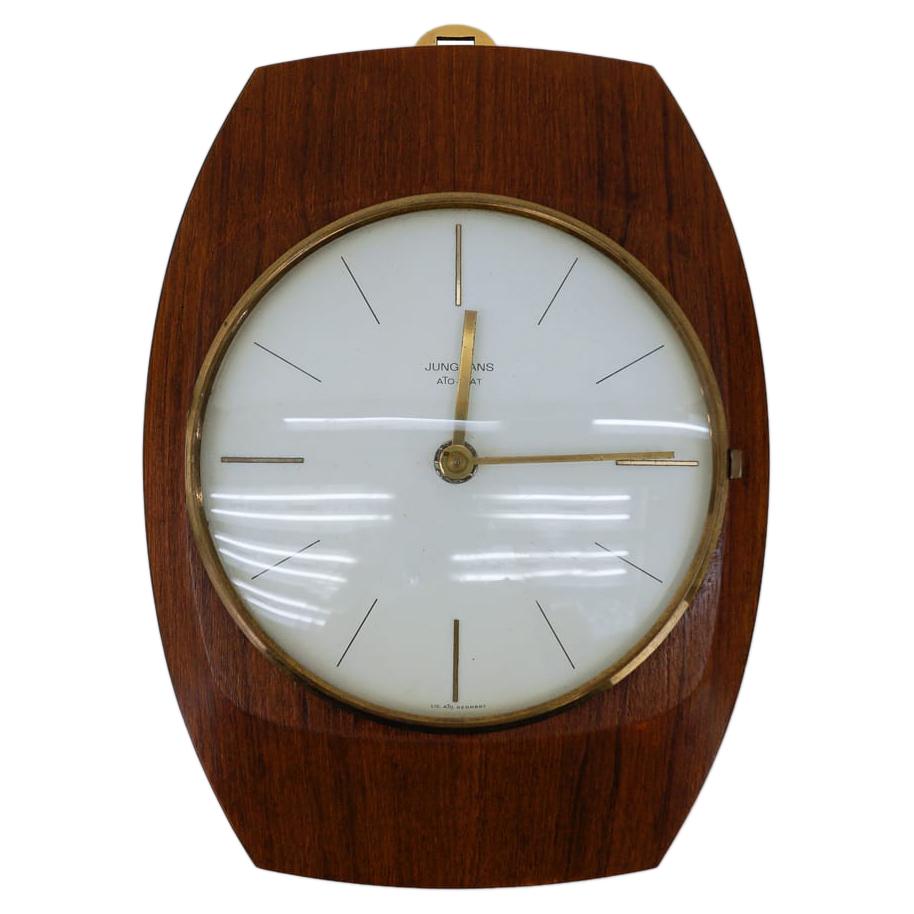 Mid-Century Modern Wall Clock in Teak and Brass by Junghans, Germany