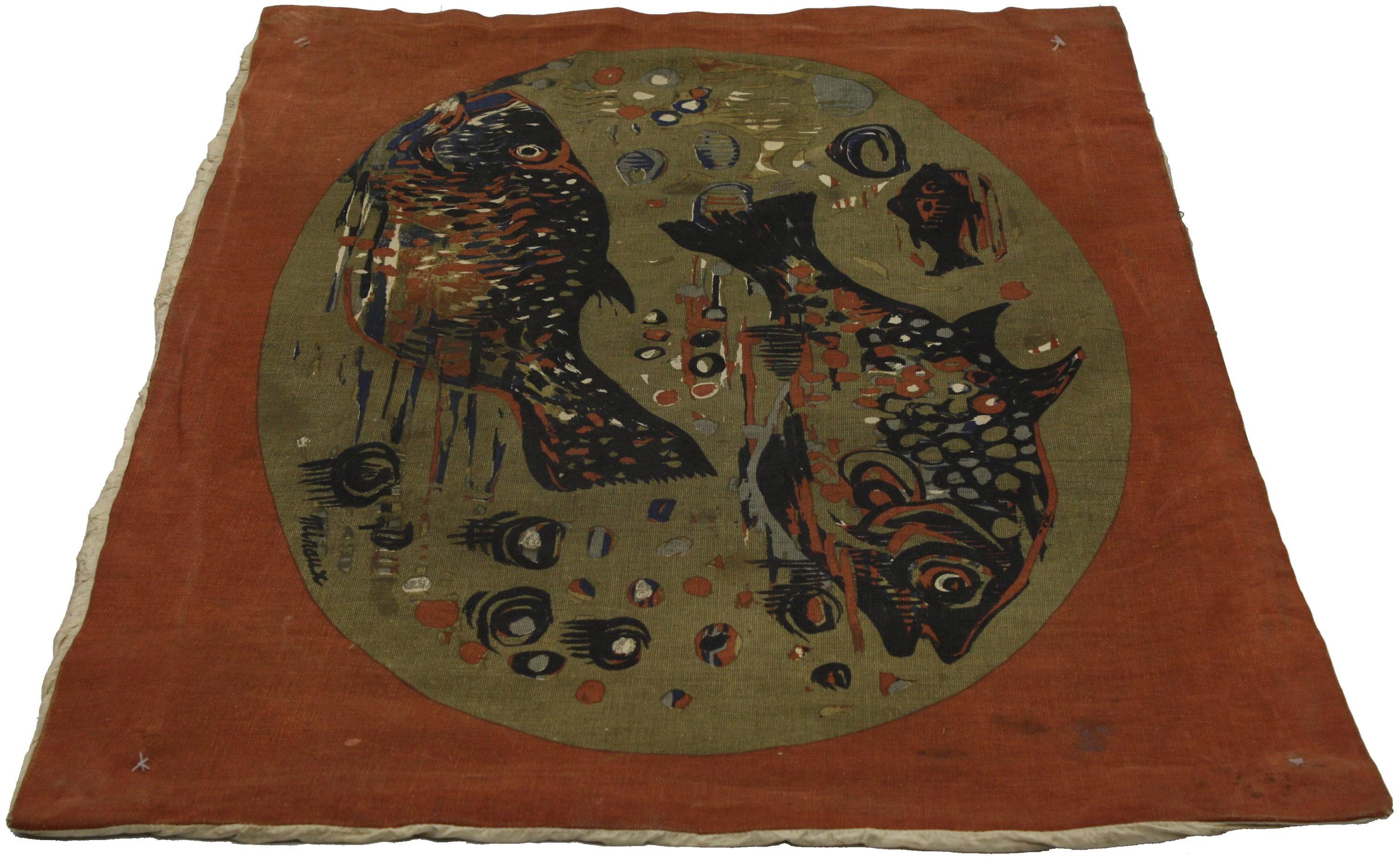 71623, Mid-Century Modern wall hanging of fishes by André Minaux. This Mid-Century Modern tapestry depicts two large fish and one small fish swimming surrounded by a burnt orange border. Rendered in variegated shades of burnt orange, ink blue, navy