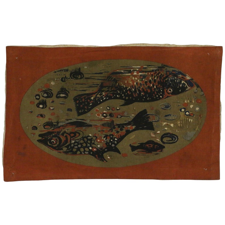 Mid-Century Modern Wall Hanging of Fishes by André Minaux, Vintage Fish Tapestry For Sale