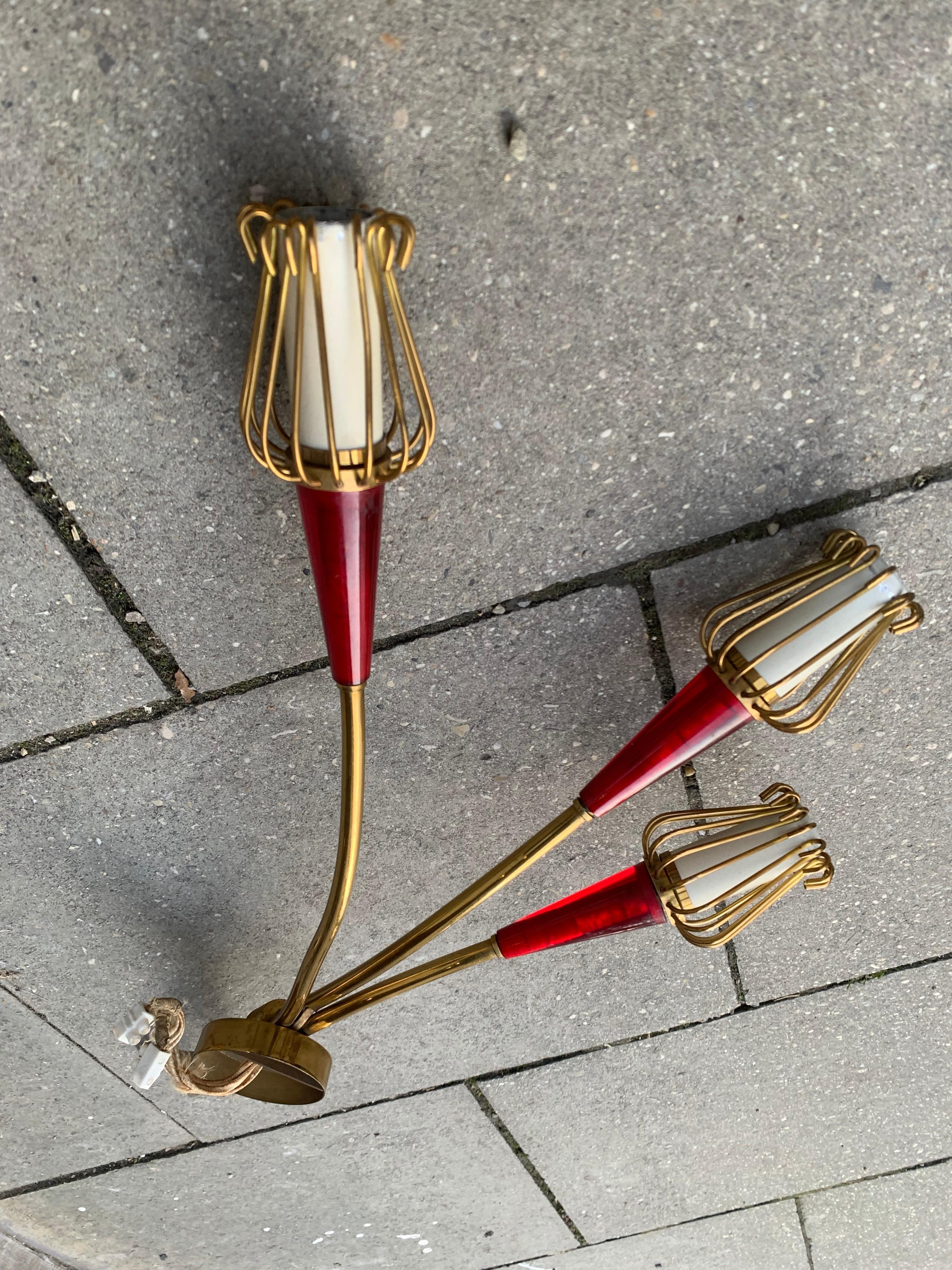 Mid-20th Century Mid-Century Modern Wall Light Flower Buds Brass Red Perspex Metall For Sale
