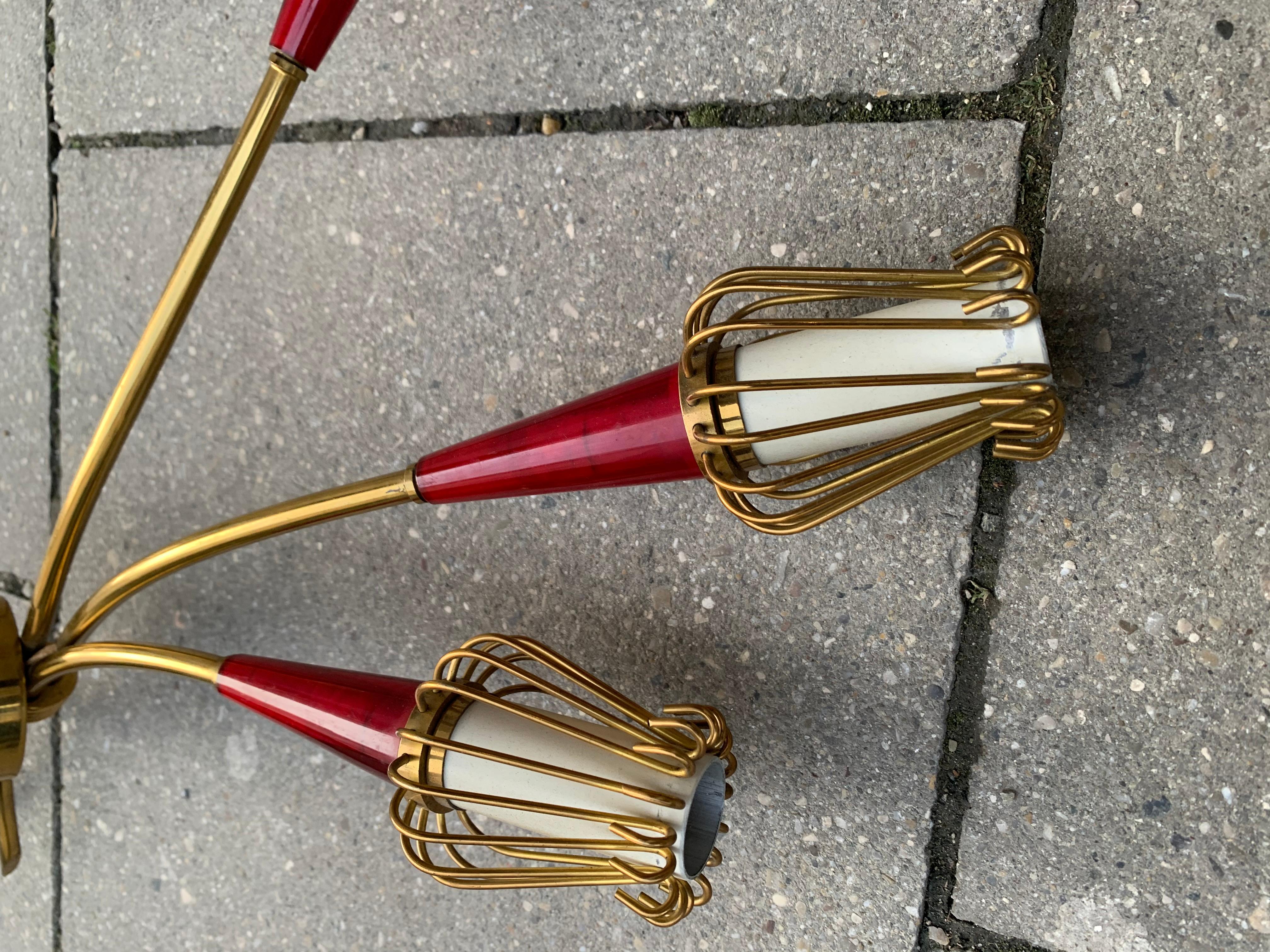 Mid-Century Modern Wall Light Flower Buds Brass Red Perspex Metall For Sale 1