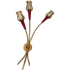 Mid-Century Modern Wall Light Flower Buds Brass Red Perspex Metall
