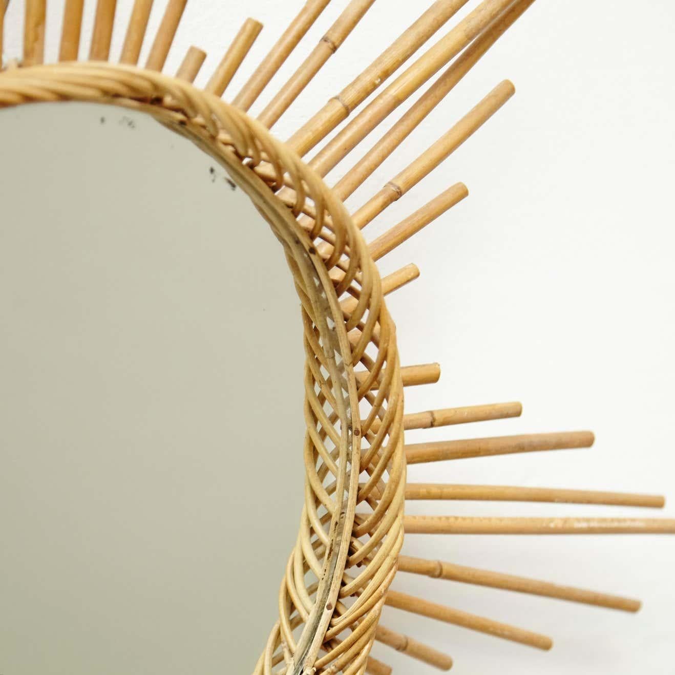 French Mid-Century Modern Handcrafted Rattan Wall Mirror - Circa 1960 For Sale 3