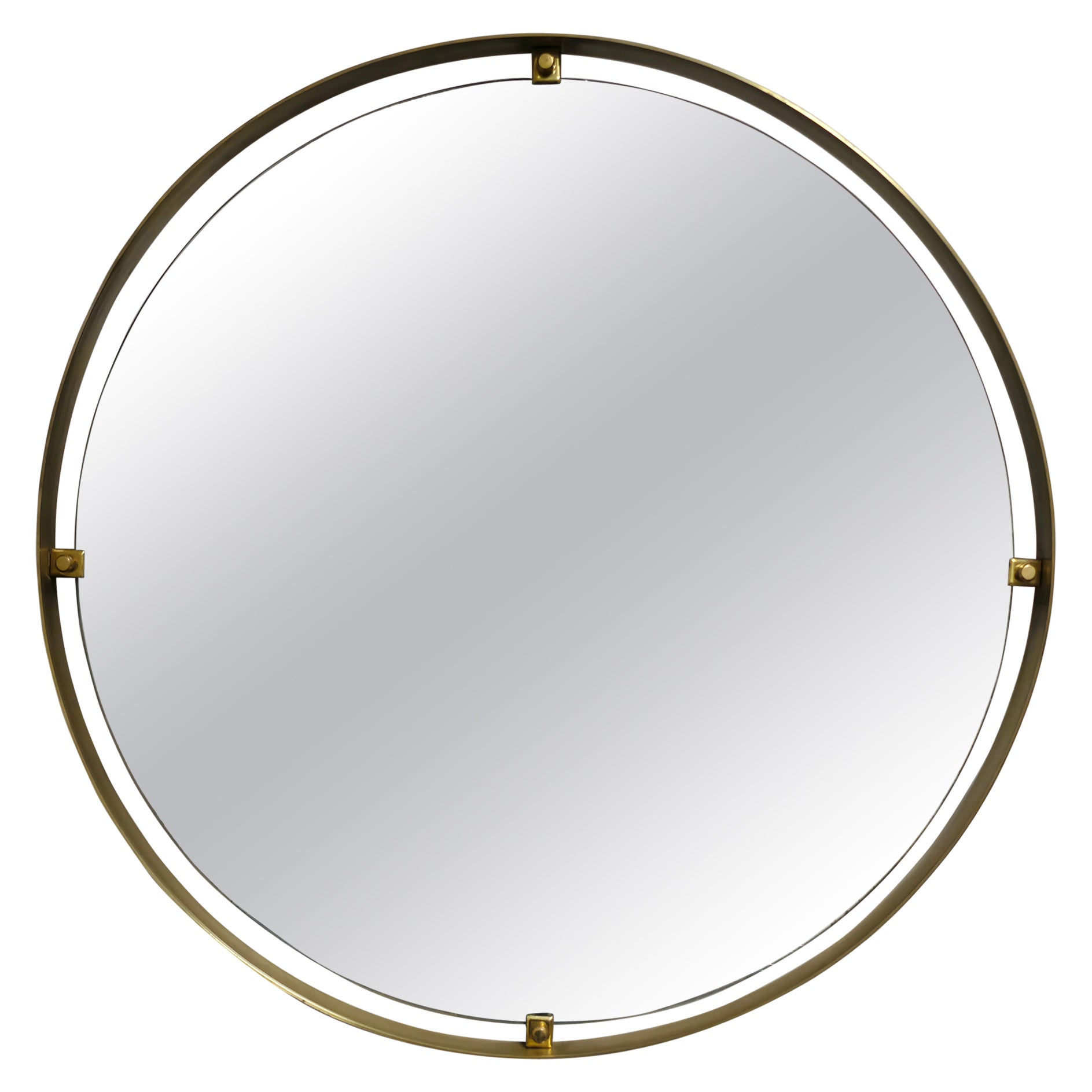 Mid -Century Modern Wall Mirror Brass Wood Large Round Italian Design, 1960s