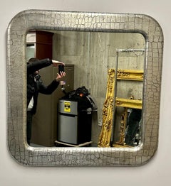 Miroir mural moderne du milieu du siècle, cuir de crocodile embossé, Baughman pour Coggin