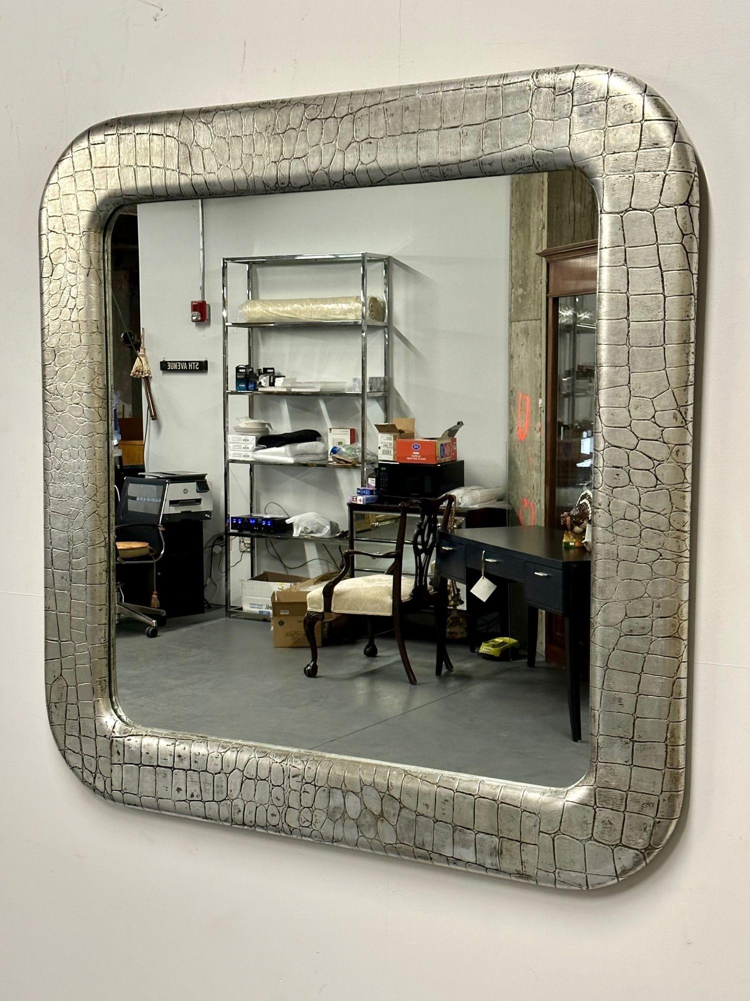 Mid-Century Modern Wall Mirror, Embossed Crocodile Leather, Baughman for Coggin For Sale 4