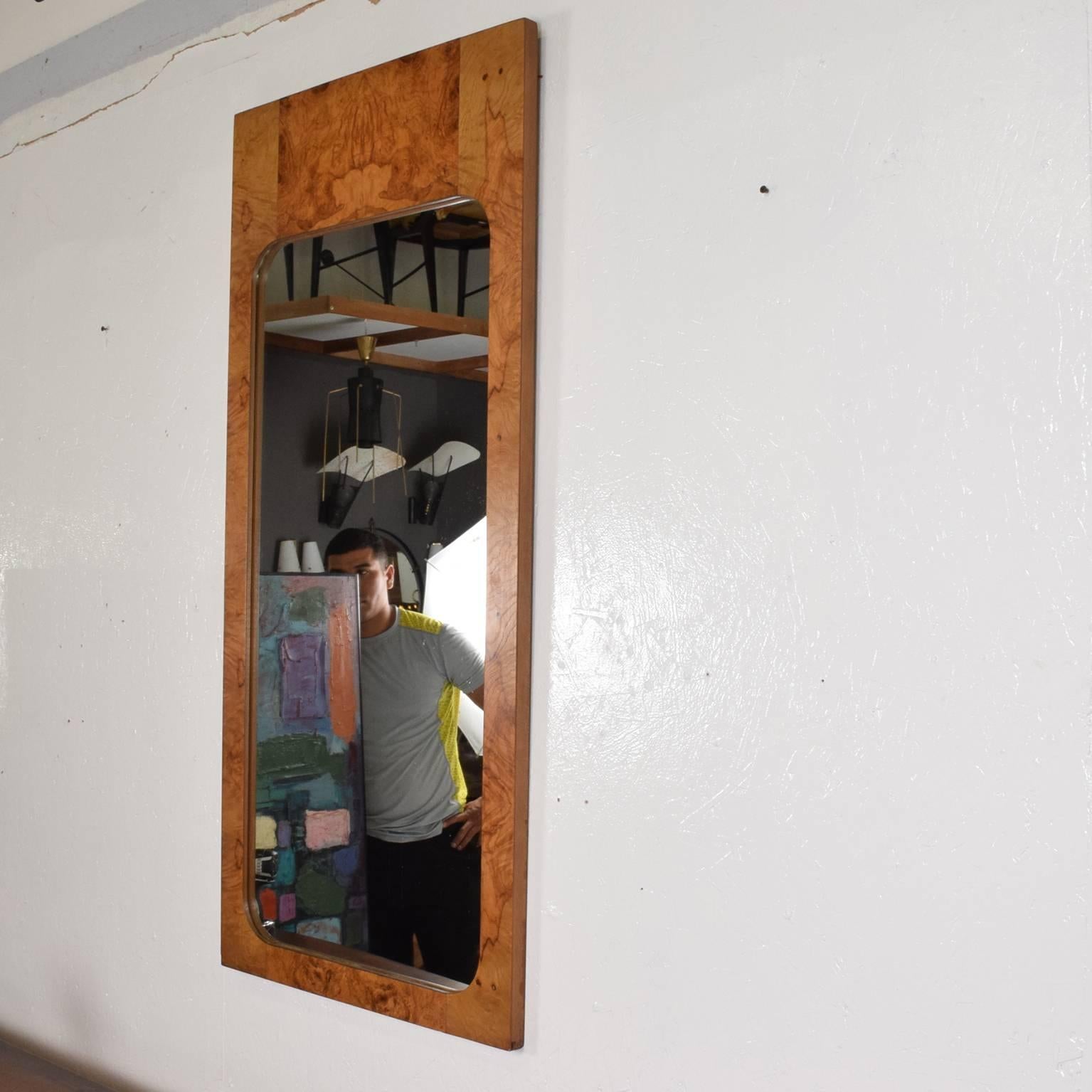 American Mid-Century Modern Wall Mirror in Burl Wood after Milo Baughman