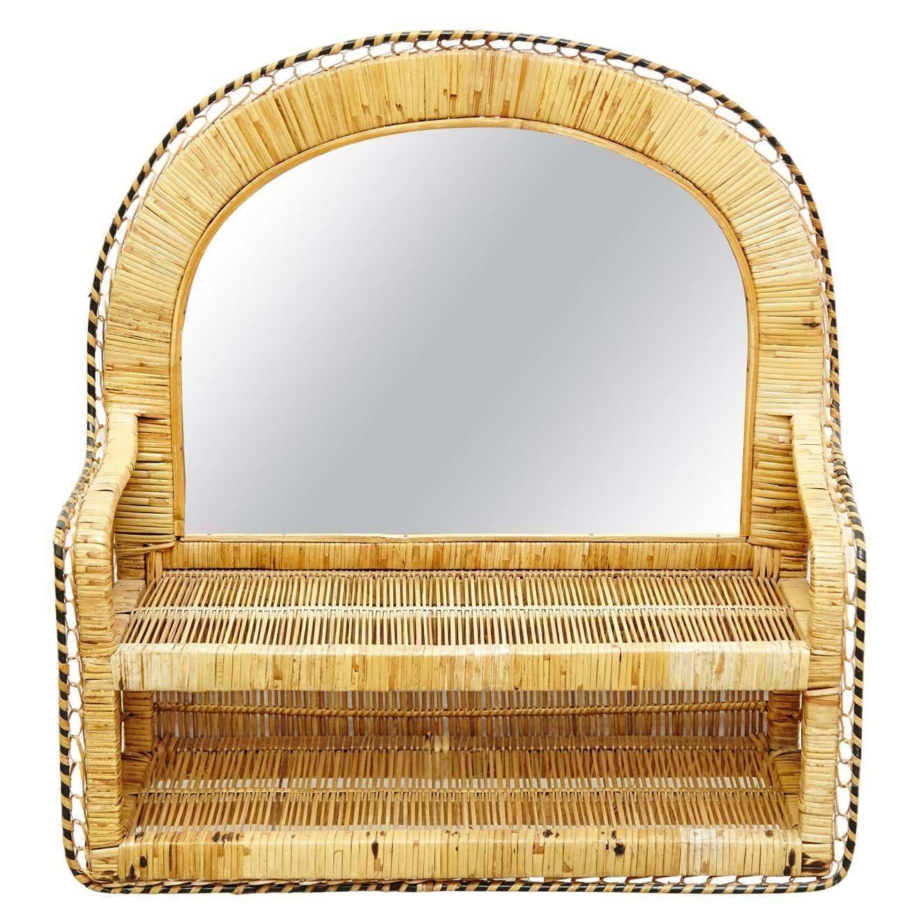 Mid-Century Modern Wall Mirror with Shelves Rattan Handcrafted, circa 1960 6