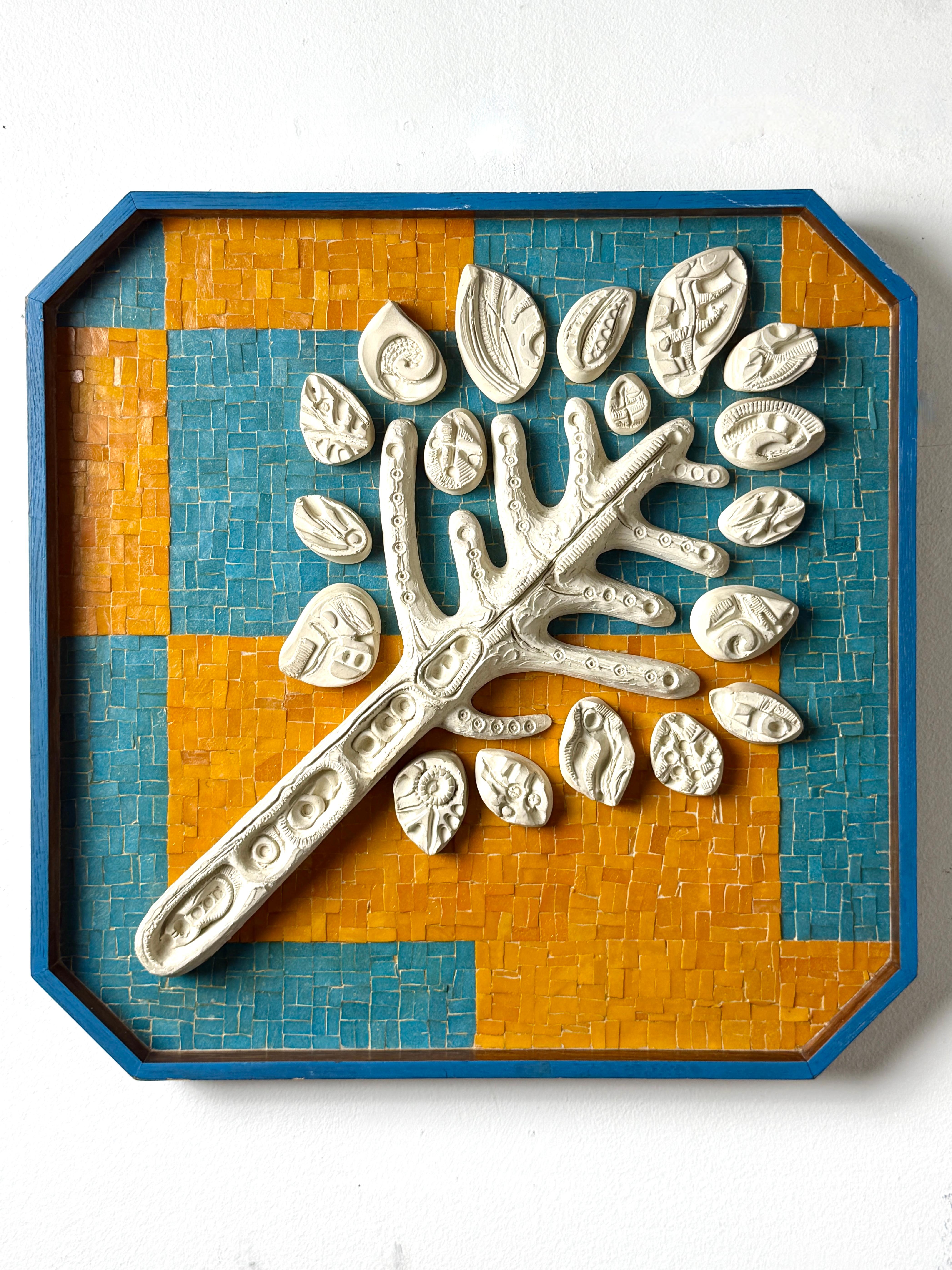 Mid Century Modern Wall Mosaic Ceramic Tree Relief Sculpture in Orange & Blue For Sale 4