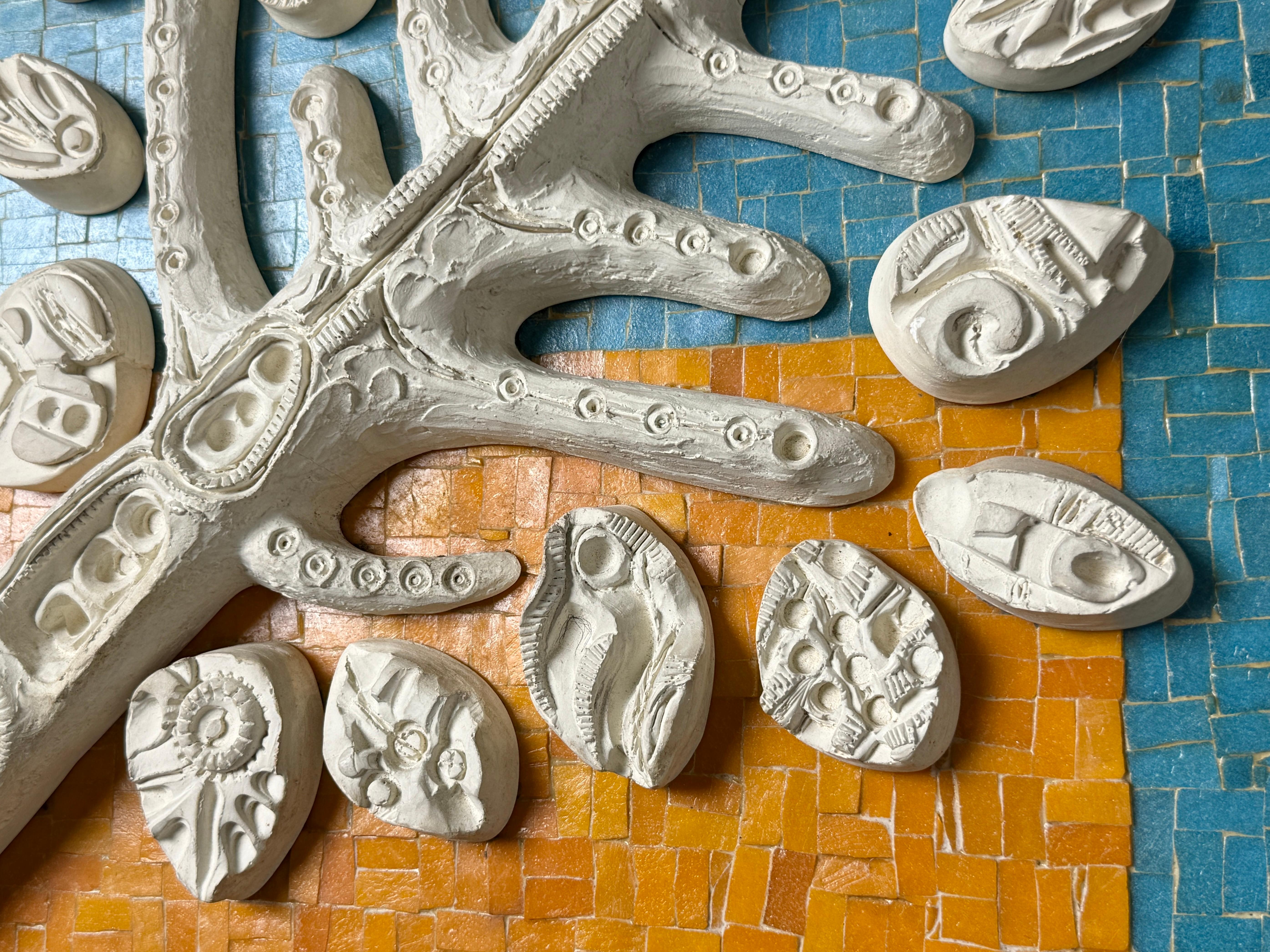 Mid Century Modern Wall Mosaic Ceramic Tree Relief Sculpture in Orange & Blue For Sale 5
