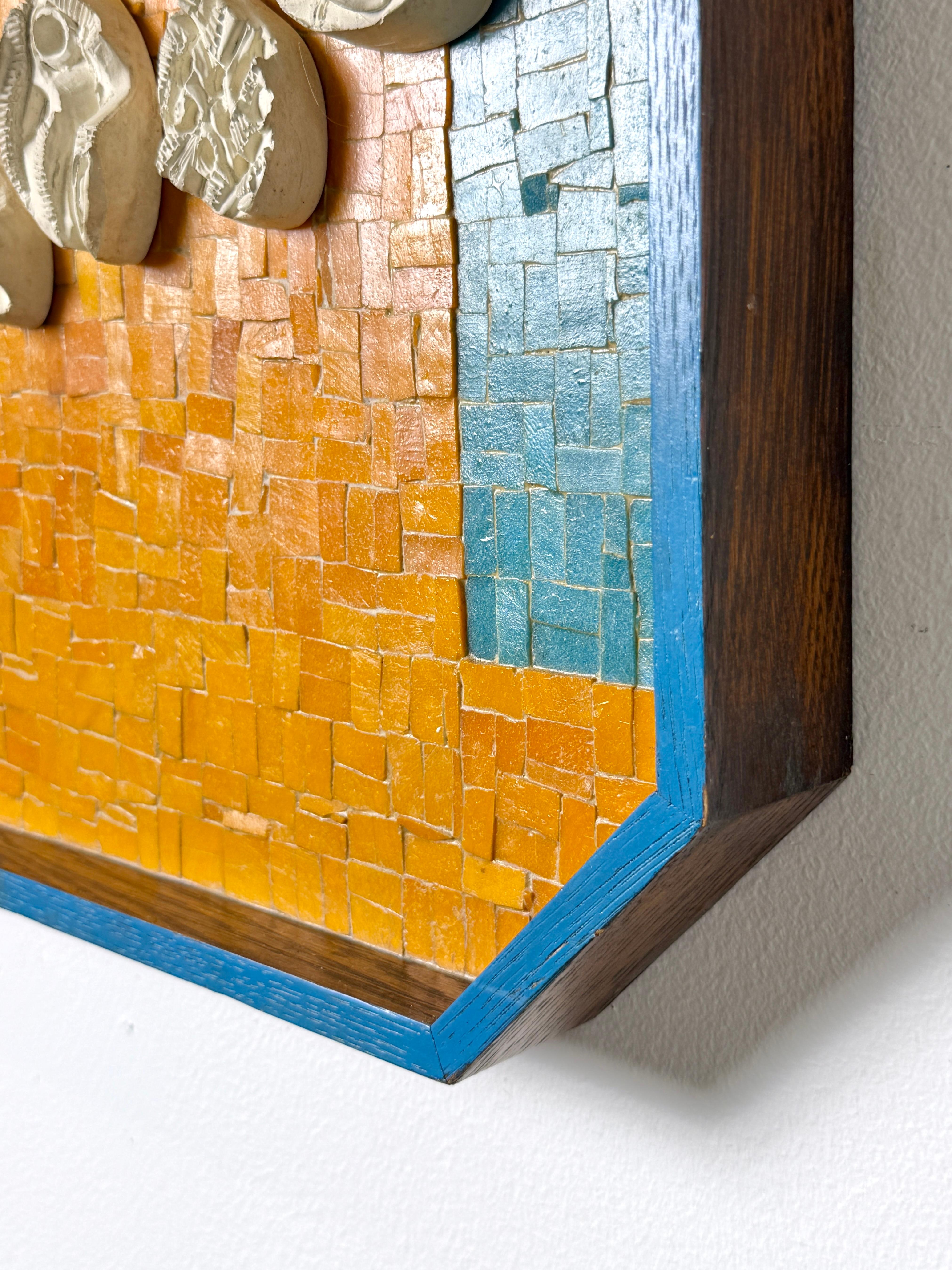 Mid Century Modern Wall Mosaic Ceramic Tree Relief Sculpture in Orange & Blue For Sale 6