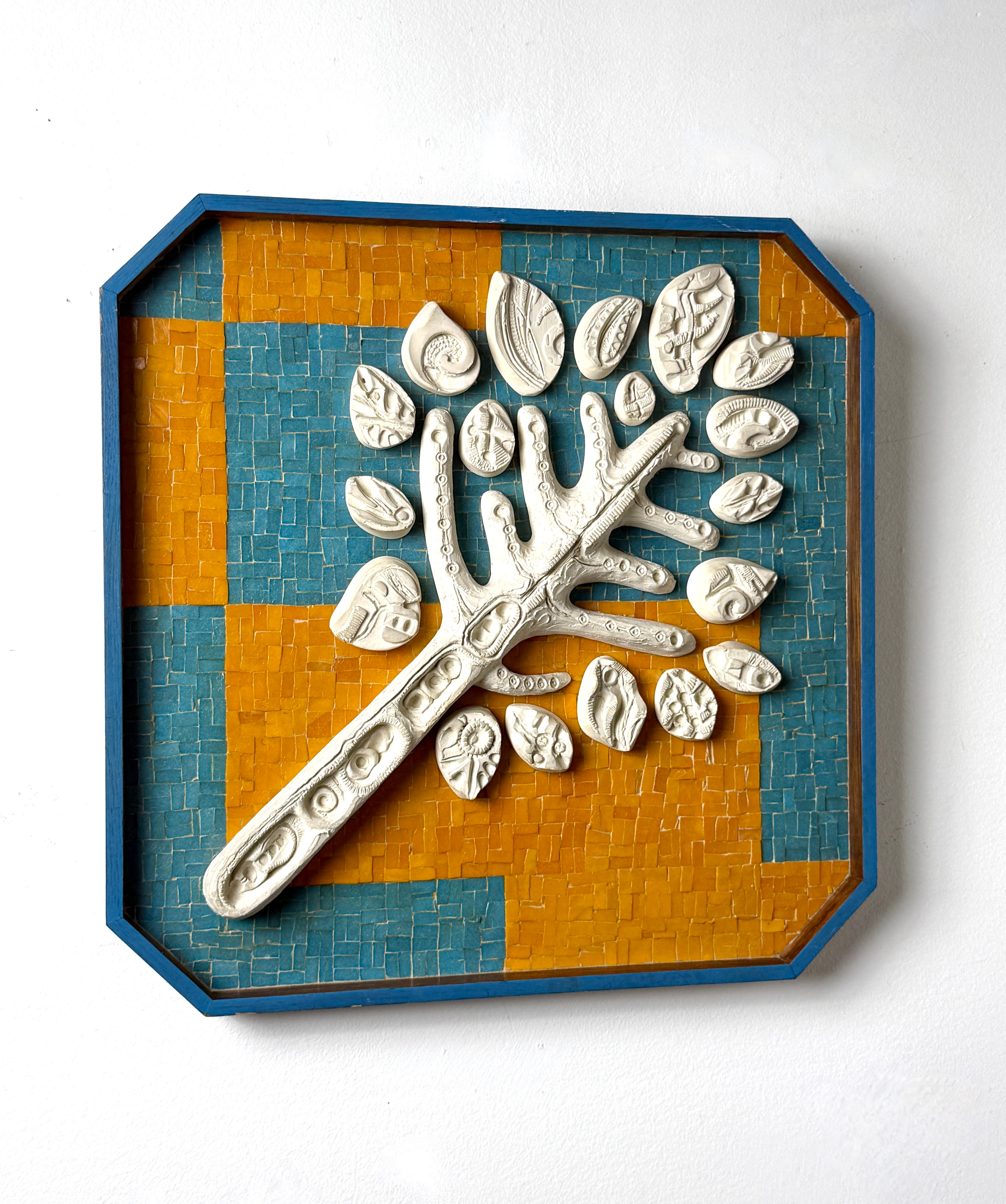Mid-Century Modern Mid Century Modern Wall Mosaic Ceramic Tree Relief Sculpture in Orange & Blue For Sale
