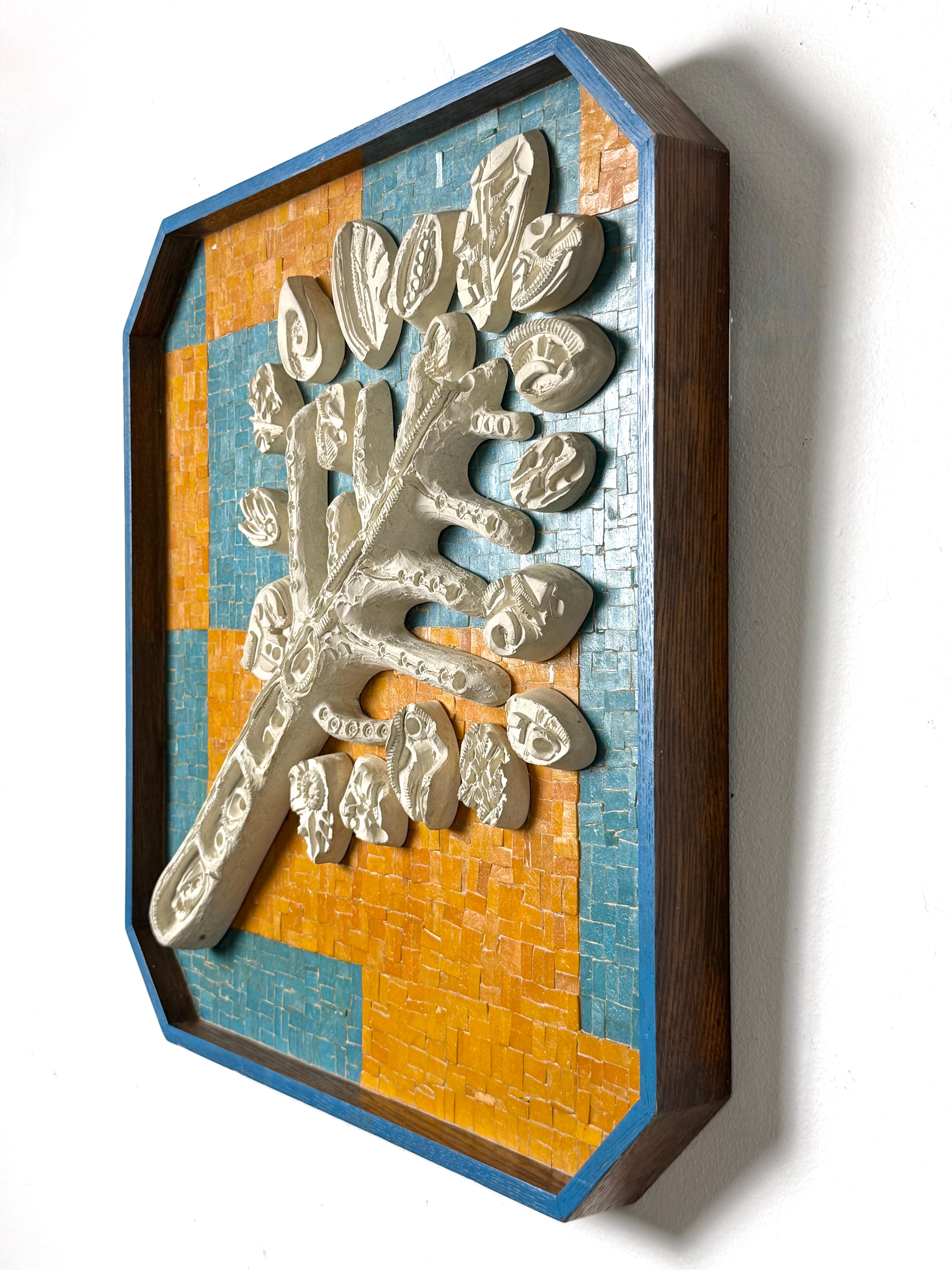 American Mid Century Modern Wall Mosaic Ceramic Tree Relief Sculpture in Orange & Blue For Sale