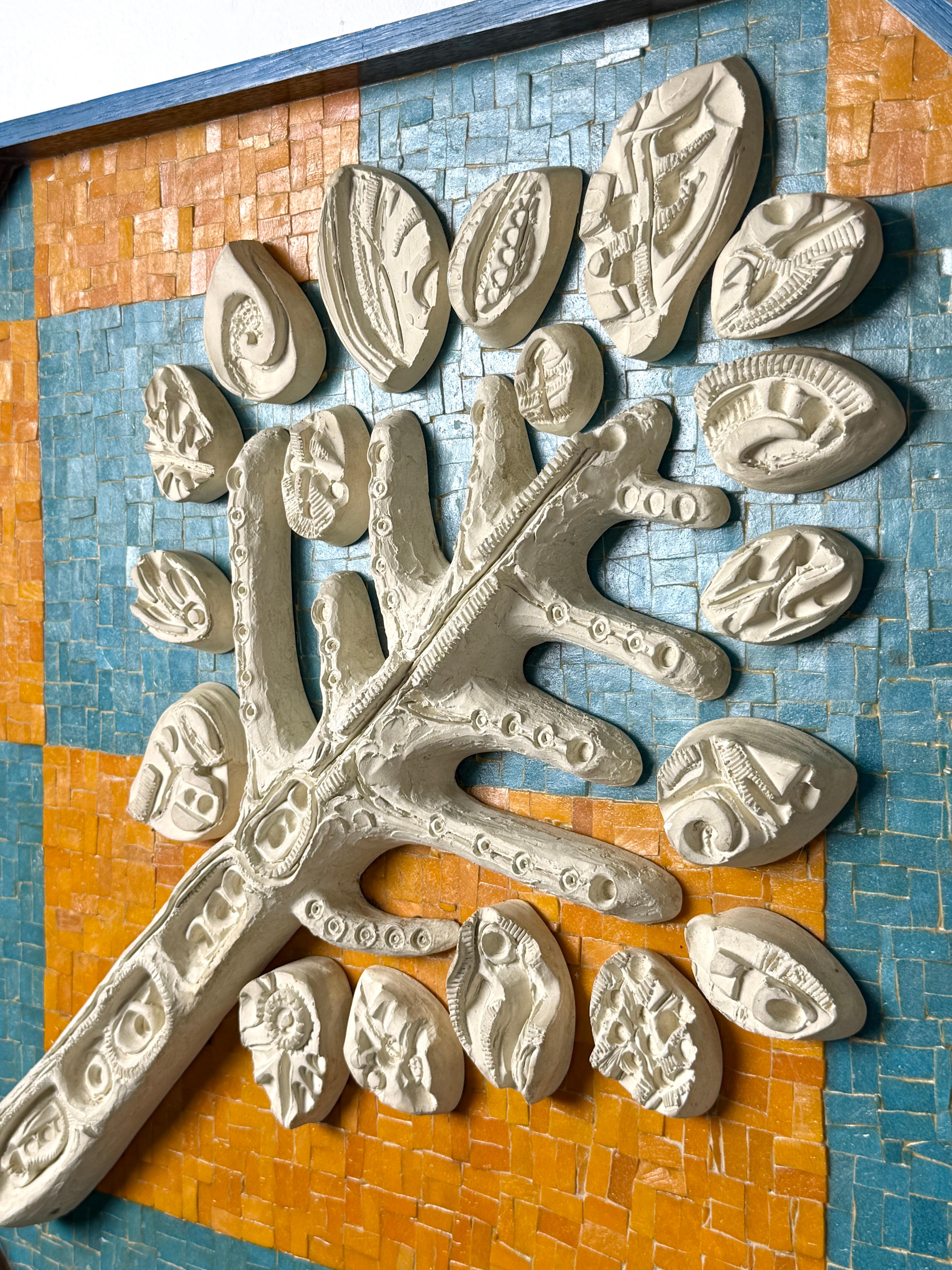 Mid Century Modern Wall Mosaic Ceramic Tree Relief Sculpture in Orange & Blue In Good Condition For Sale In Troy, MI