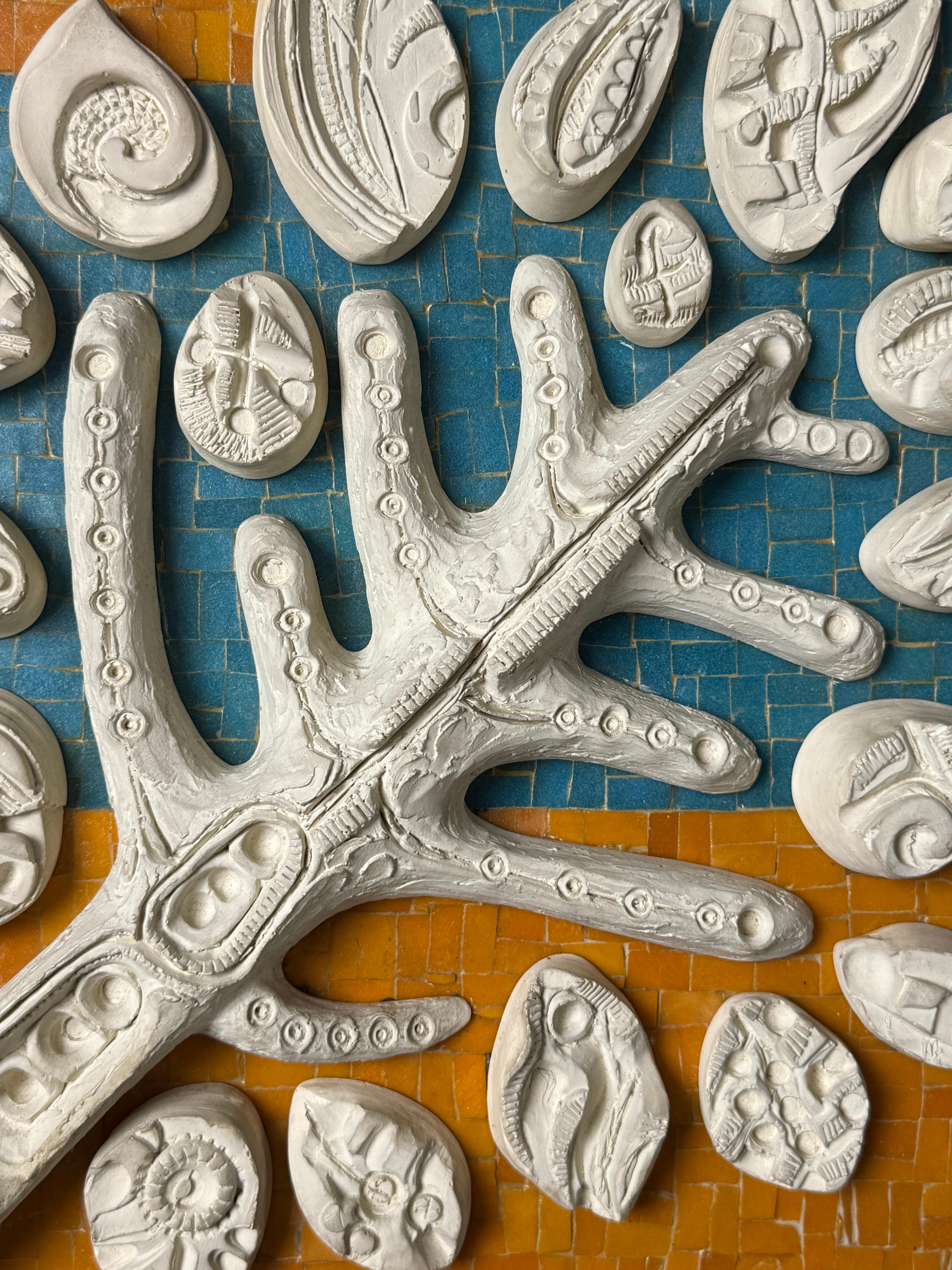 20th Century Mid Century Modern Wall Mosaic Ceramic Tree Relief Sculpture in Orange & Blue For Sale