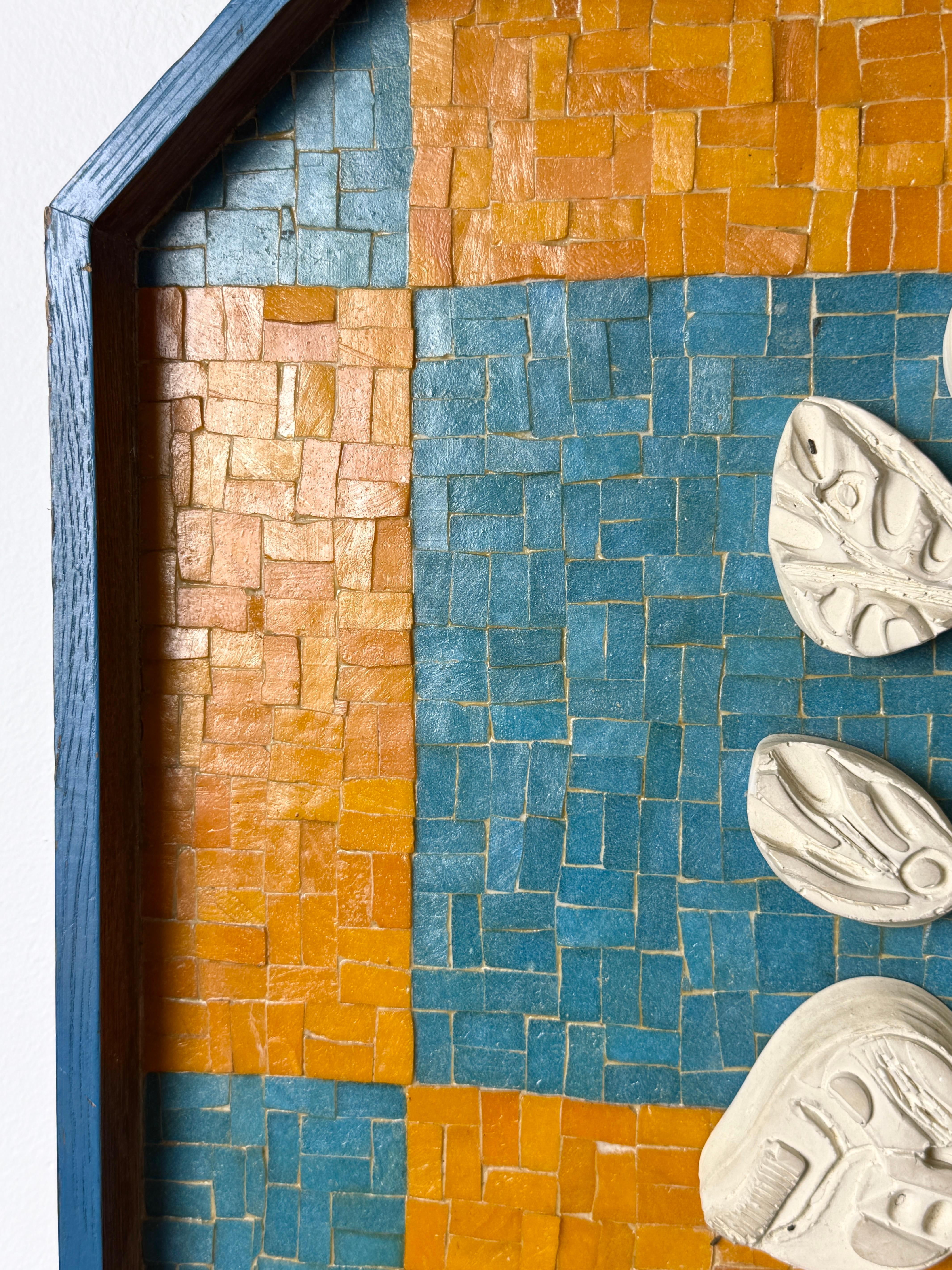 Mid Century Modern Wall Mosaic Ceramic Tree Relief Sculpture in Orange & Blue For Sale 2